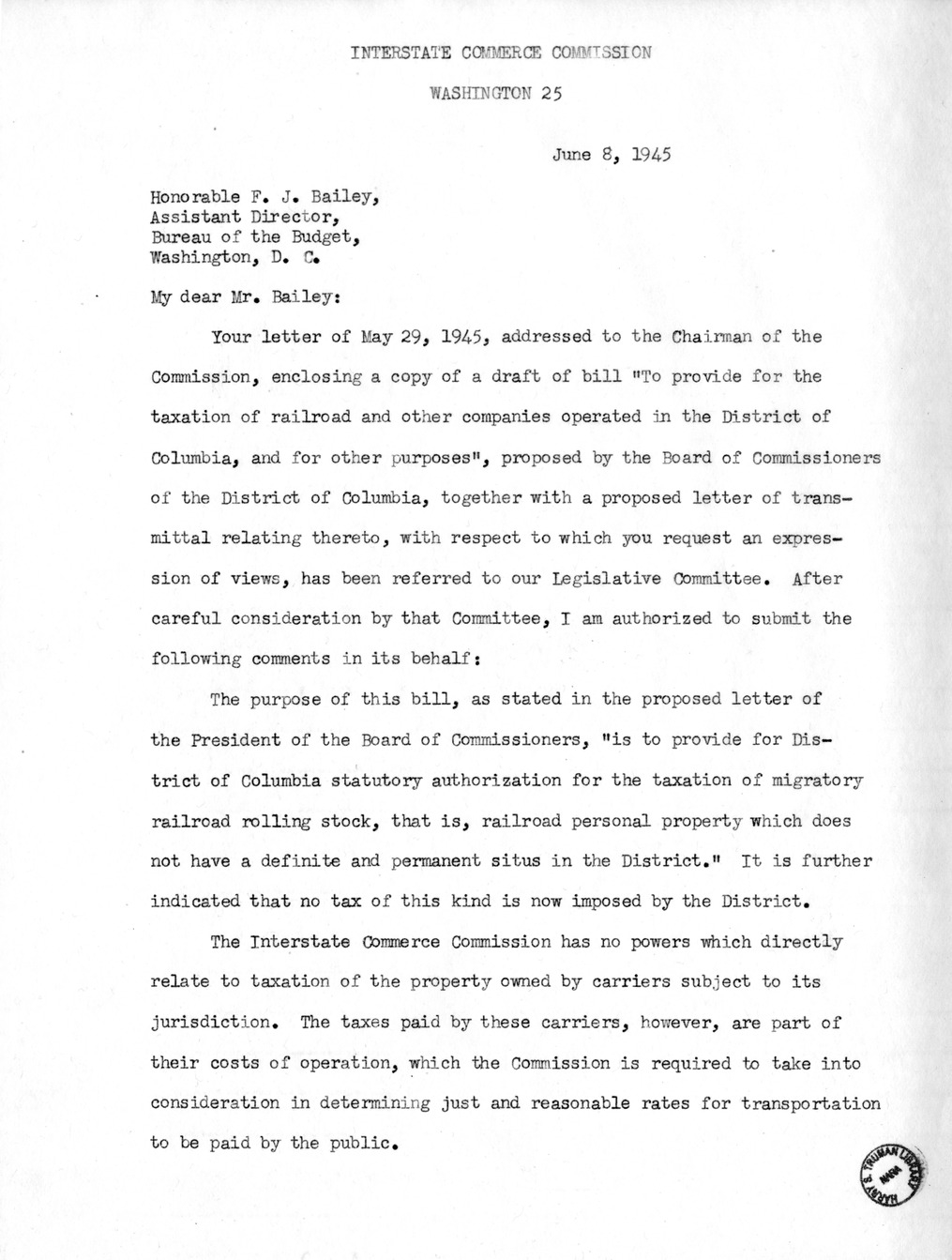 Memorandum from Harold D. Smith to M. C. Latta, S. 1278, To Provide for the Taxation of Rolling Stock of Railroad and Other Companies Operated in the District of Columbia, with Attachments