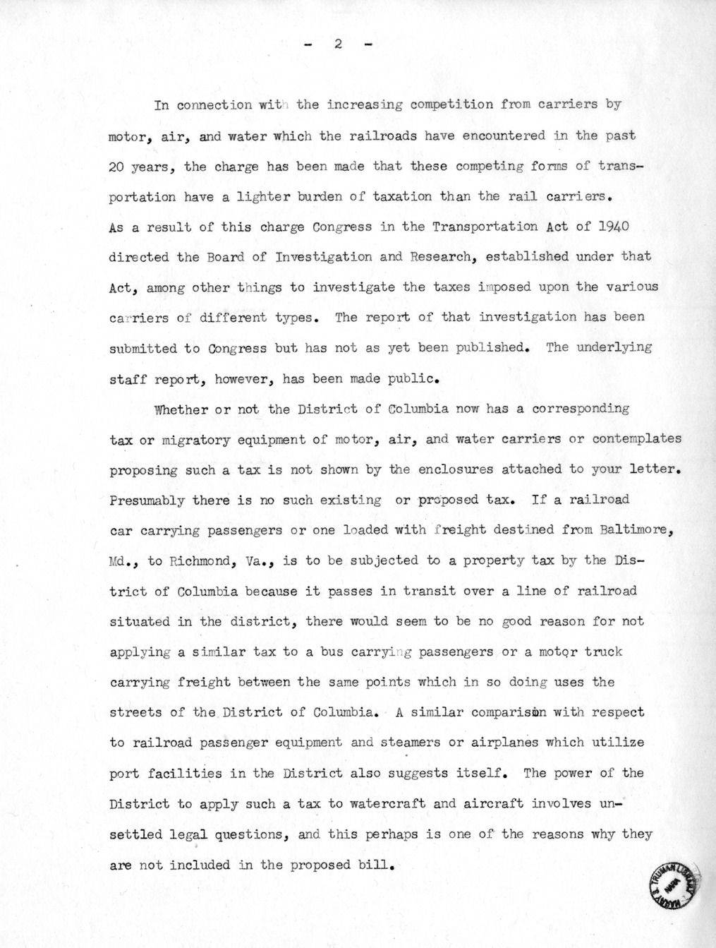 Memorandum from Harold D. Smith to M. C. Latta, S. 1278, To Provide for the Taxation of Rolling Stock of Railroad and Other Companies Operated in the District of Columbia, with Attachments