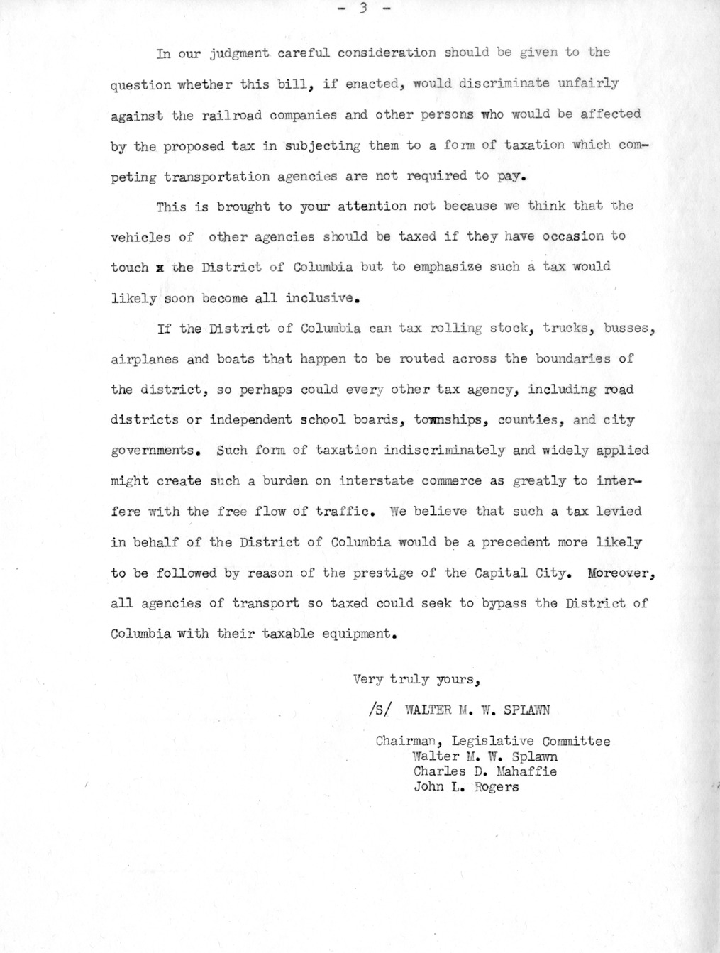 Memorandum from Harold D. Smith to M. C. Latta, S. 1278, To Provide for the Taxation of Rolling Stock of Railroad and Other Companies Operated in the District of Columbia, with Attachments