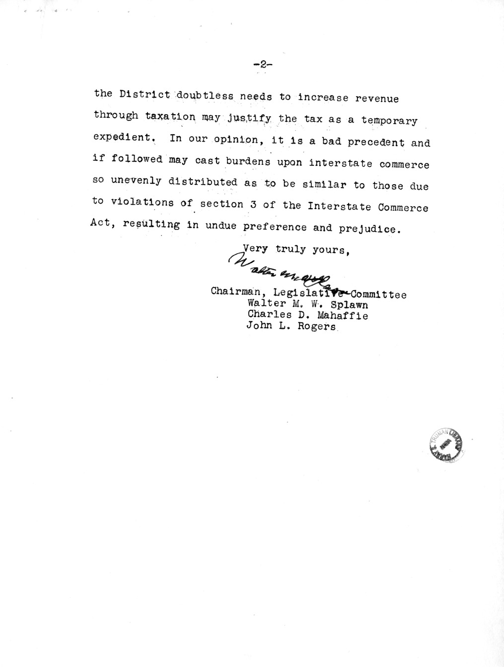 Memorandum from Harold D. Smith to M. C. Latta, S. 1278, To Provide for the Taxation of Rolling Stock of Railroad and Other Companies Operated in the District of Columbia, with Attachments