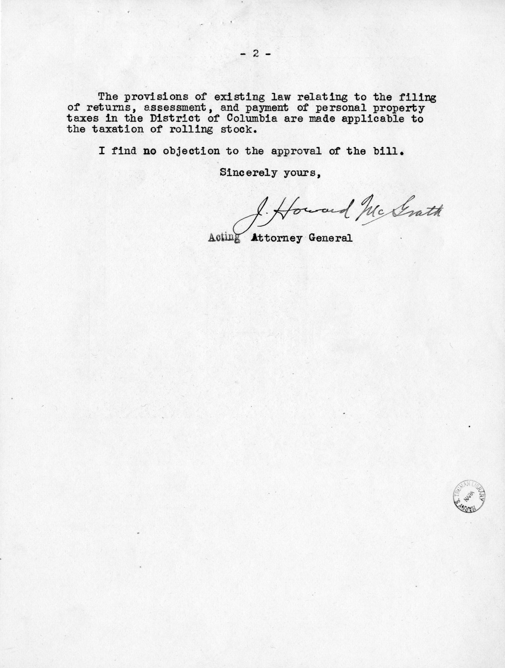 Memorandum from Harold D. Smith to M. C. Latta, S. 1278, To Provide for the Taxation of Rolling Stock of Railroad and Other Companies Operated in the District of Columbia, with Attachments