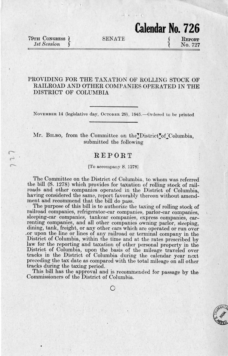 Memorandum from Harold D. Smith to M. C. Latta, S. 1278, To Provide for the Taxation of Rolling Stock of Railroad and Other Companies Operated in the District of Columbia, with Attachments
