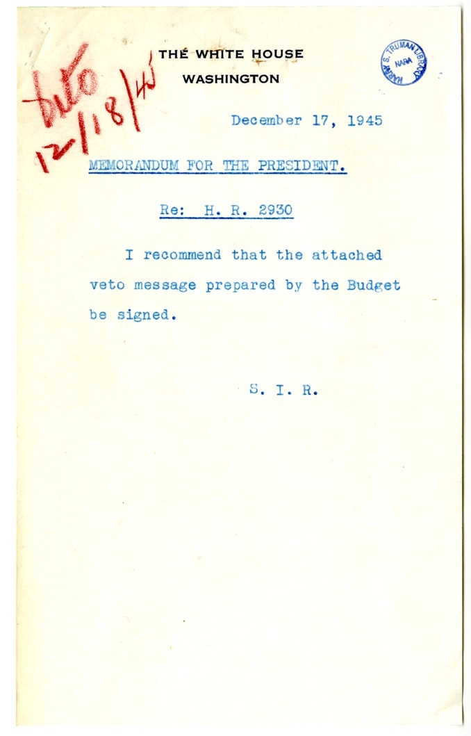 Memorandum from Frederick J. Bailey to M. C. Latta, H.R. 2930, For the Relief of Doctor J. D. Whiteside and Saint Luke's Hospital, with Attachments