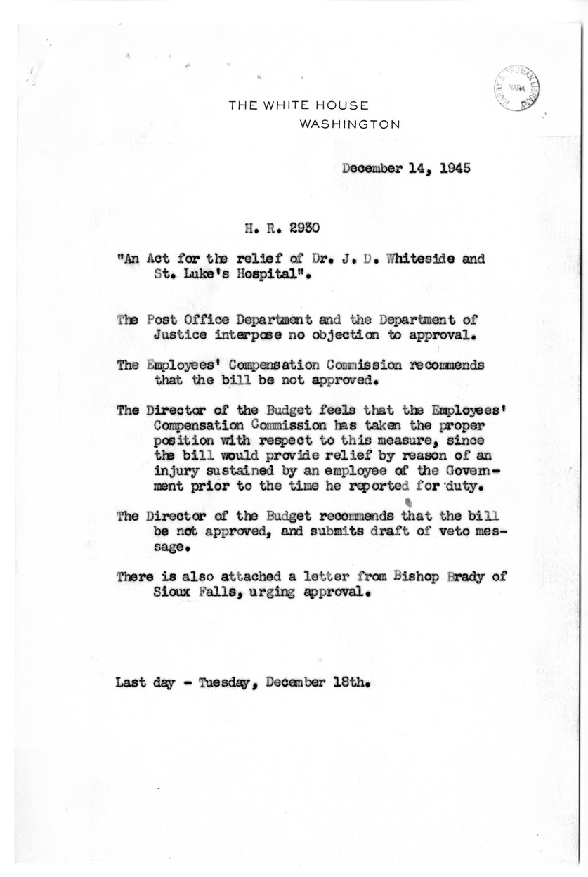 Memorandum from Frederick J. Bailey to M. C. Latta, H.R. 2930, For the Relief of Doctor J. D. Whiteside and Saint Luke's Hospital, with Attachments