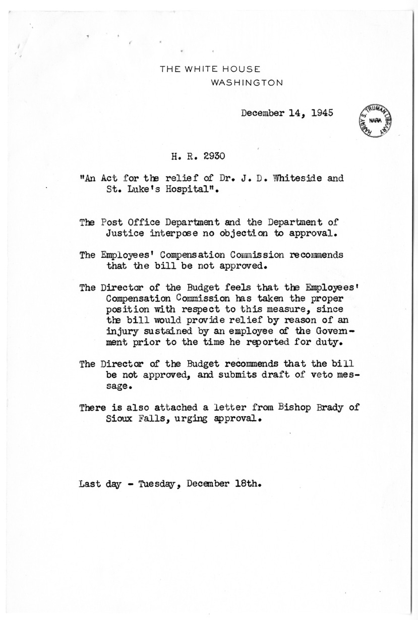 Memorandum from Frederick J. Bailey to M. C. Latta, H.R. 2930, For the Relief of Doctor J. D. Whiteside and Saint Luke's Hospital, with Attachments