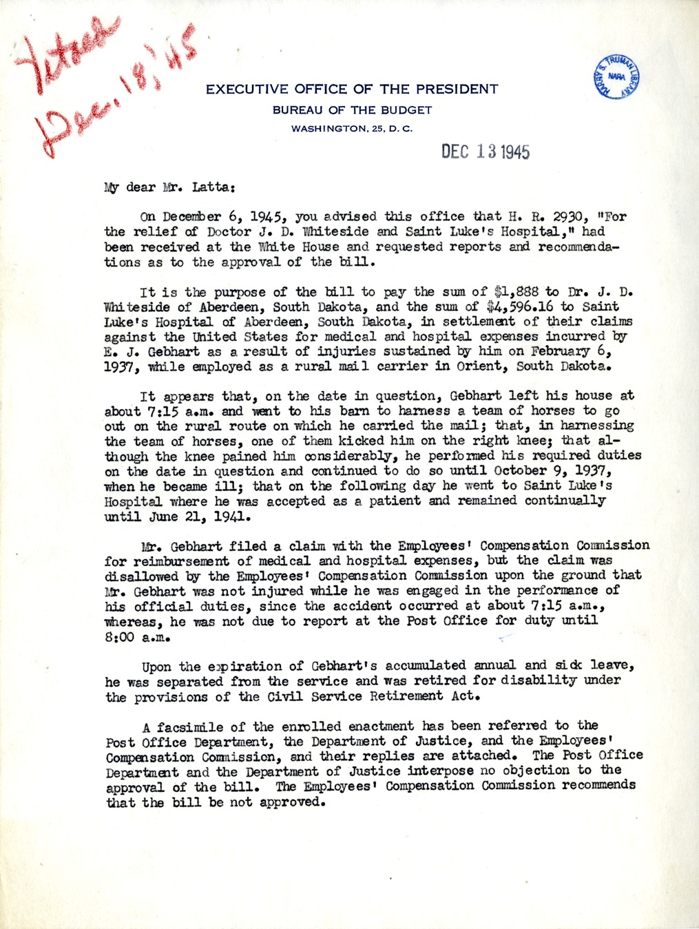 Memorandum from Frederick J. Bailey to M. C. Latta, H.R. 2930, For the Relief of Doctor J. D. Whiteside and Saint Luke's Hospital, with Attachments