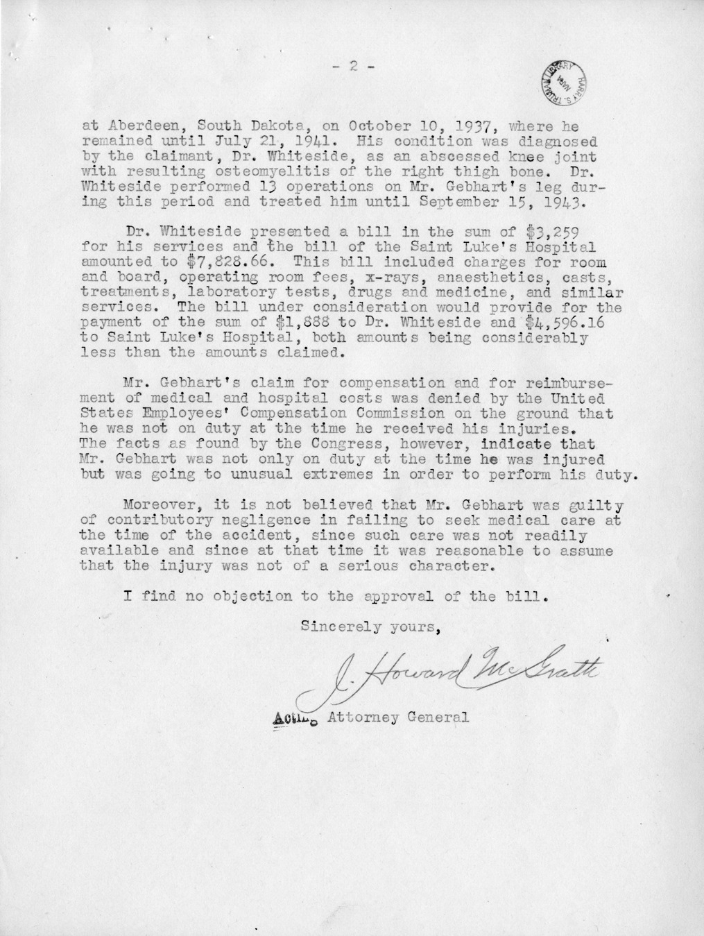 Memorandum from Frederick J. Bailey to M. C. Latta, H.R. 2930, For the Relief of Doctor J. D. Whiteside and Saint Luke's Hospital, with Attachments