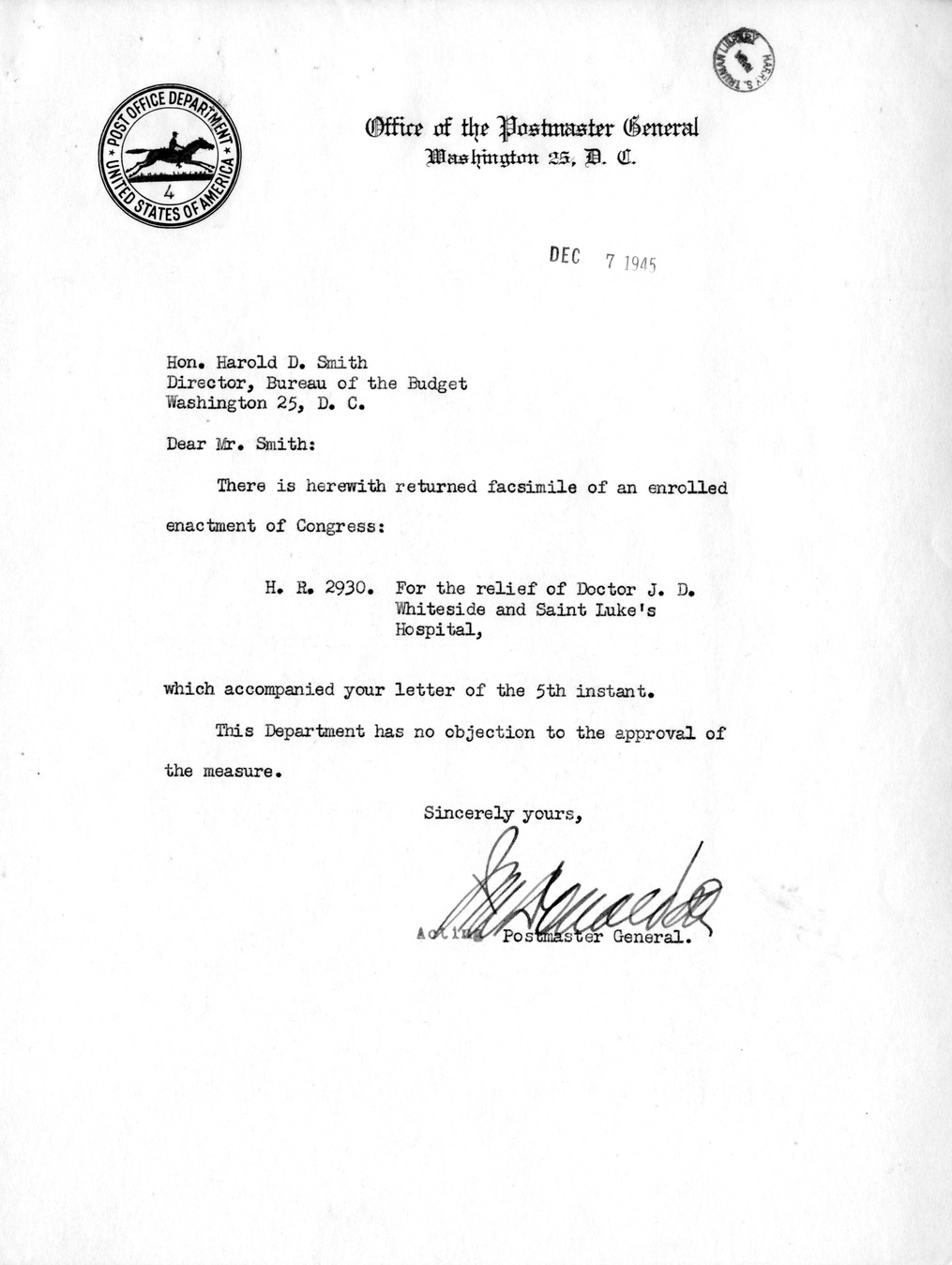 Memorandum from Frederick J. Bailey to M. C. Latta, H.R. 2930, For the Relief of Doctor J. D. Whiteside and Saint Luke's Hospital, with Attachments