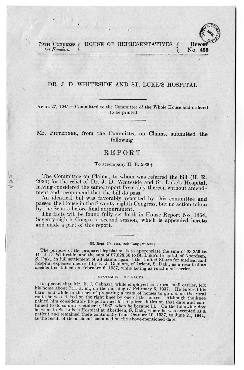 Memorandum from Frederick J. Bailey to M. C. Latta, H.R. 2930, For the Relief of Doctor J. D. Whiteside and Saint Luke's Hospital, with Attachments