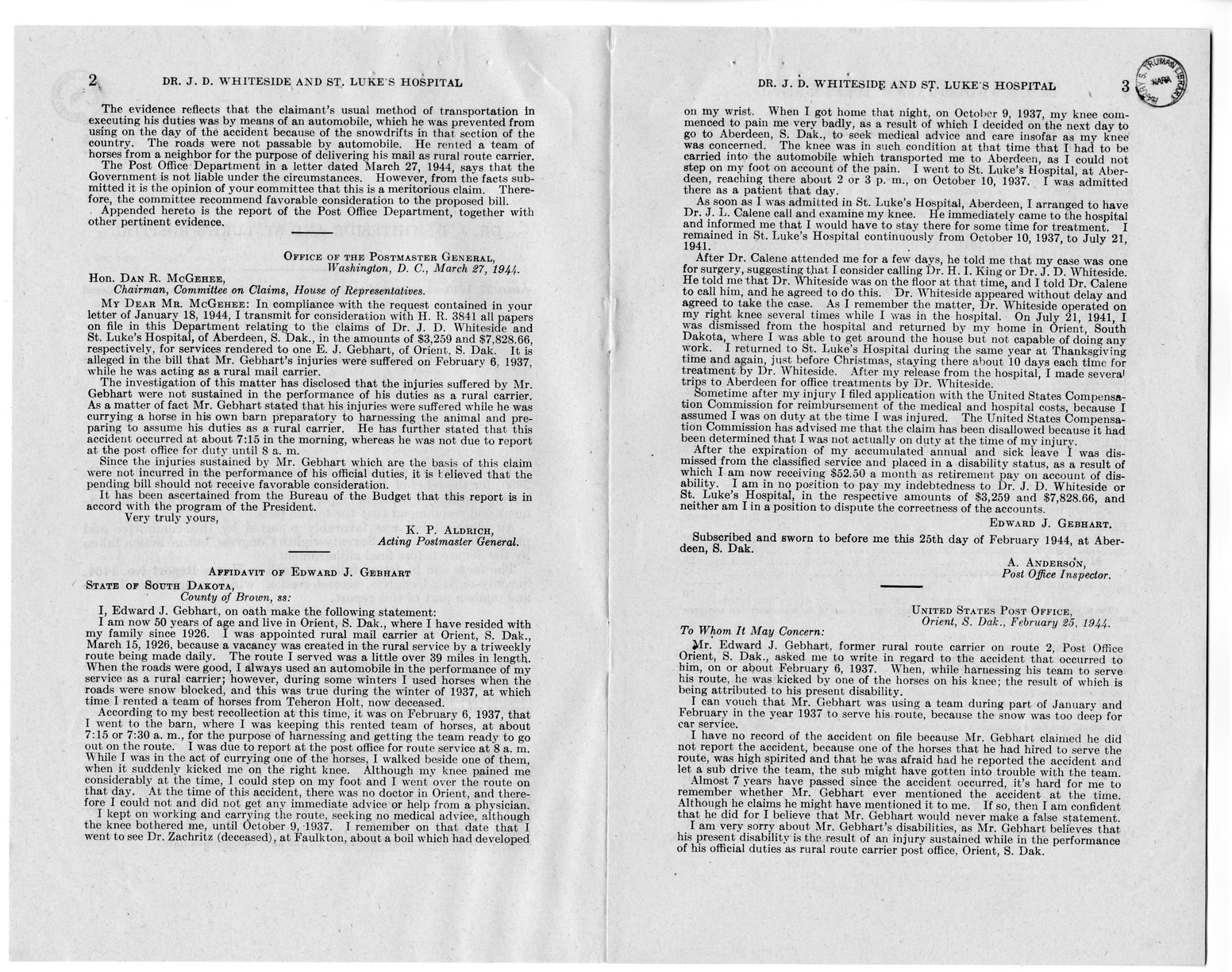 Memorandum from Frederick J. Bailey to M. C. Latta, H.R. 2930, For the Relief of Doctor J. D. Whiteside and Saint Luke's Hospital, with Attachments