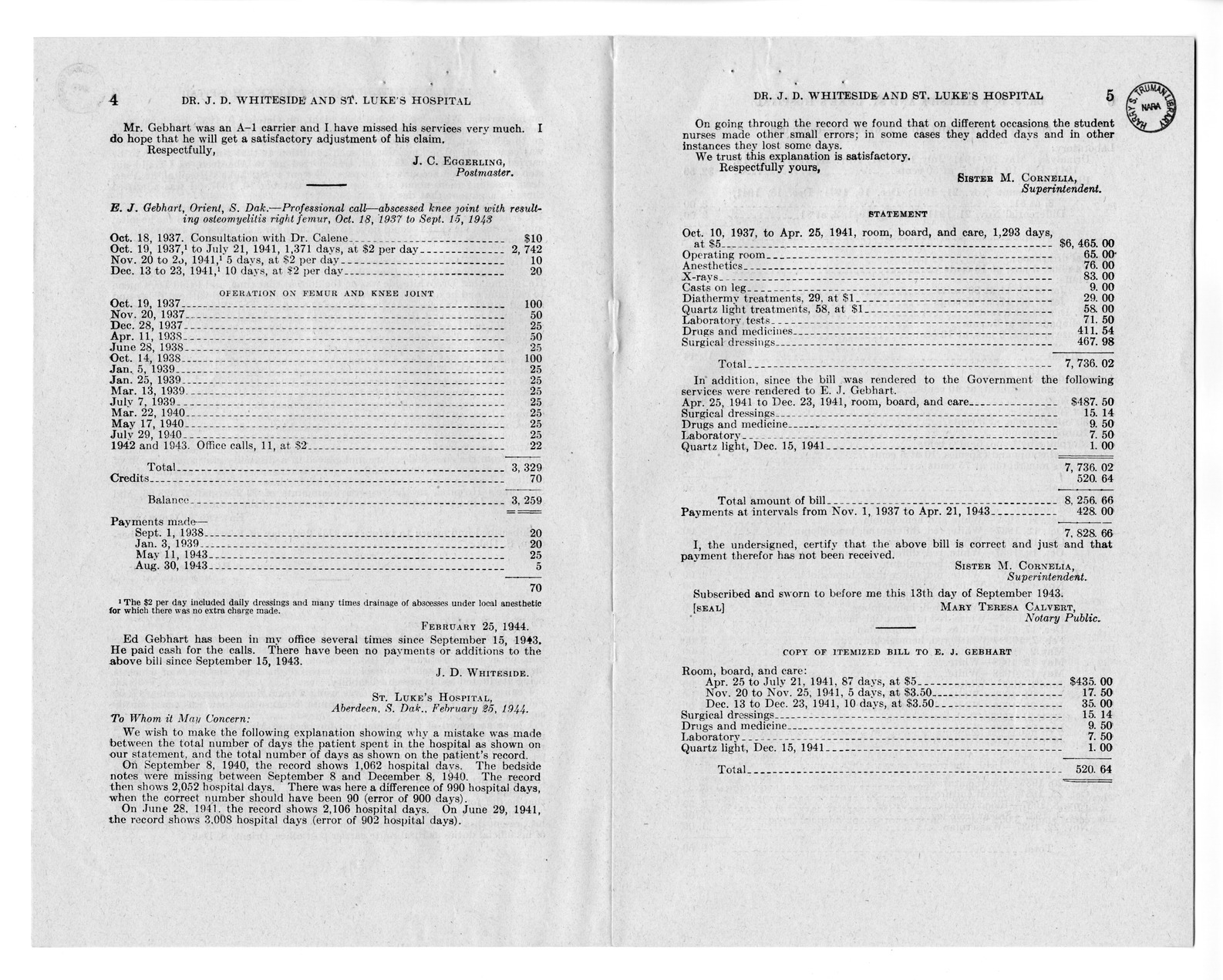 Memorandum from Frederick J. Bailey to M. C. Latta, H.R. 2930, For the Relief of Doctor J. D. Whiteside and Saint Luke's Hospital, with Attachments