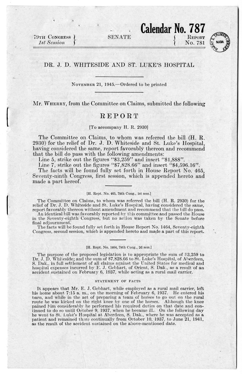 Memorandum from Frederick J. Bailey to M. C. Latta, H.R. 2930, For the Relief of Doctor J. D. Whiteside and Saint Luke's Hospital, with Attachments