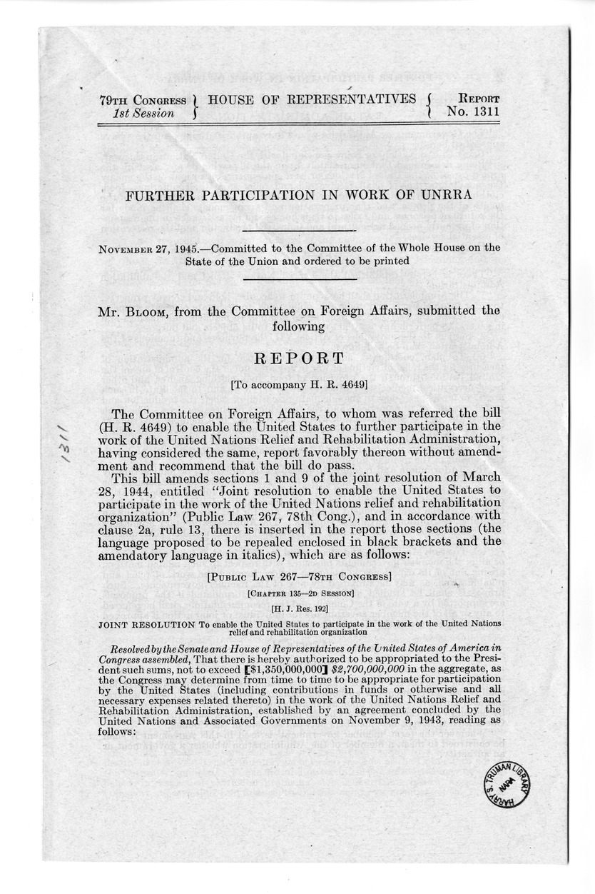 Memorandum from Harold D. Smith to M. C. Latta, H.R. 4649, To Enable the United States to Further Participate in the Work of the United Nations Relief and Rehabilitation Administration, with Attachments