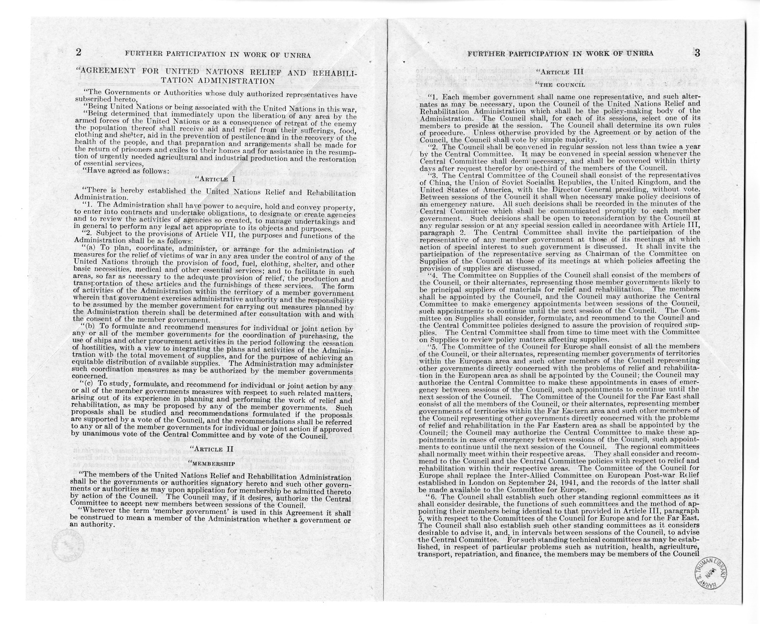 Memorandum from Harold D. Smith to M. C. Latta, H.R. 4649, To Enable the United States to Further Participate in the Work of the United Nations Relief and Rehabilitation Administration, with Attachments