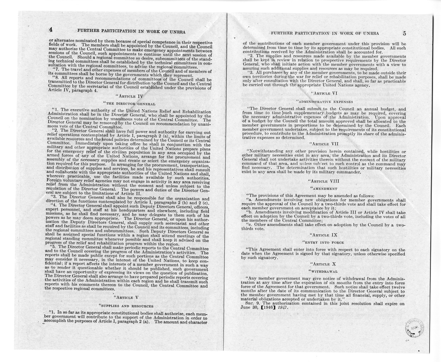 Memorandum from Harold D. Smith to M. C. Latta, H.R. 4649, To Enable the United States to Further Participate in the Work of the United Nations Relief and Rehabilitation Administration, with Attachments