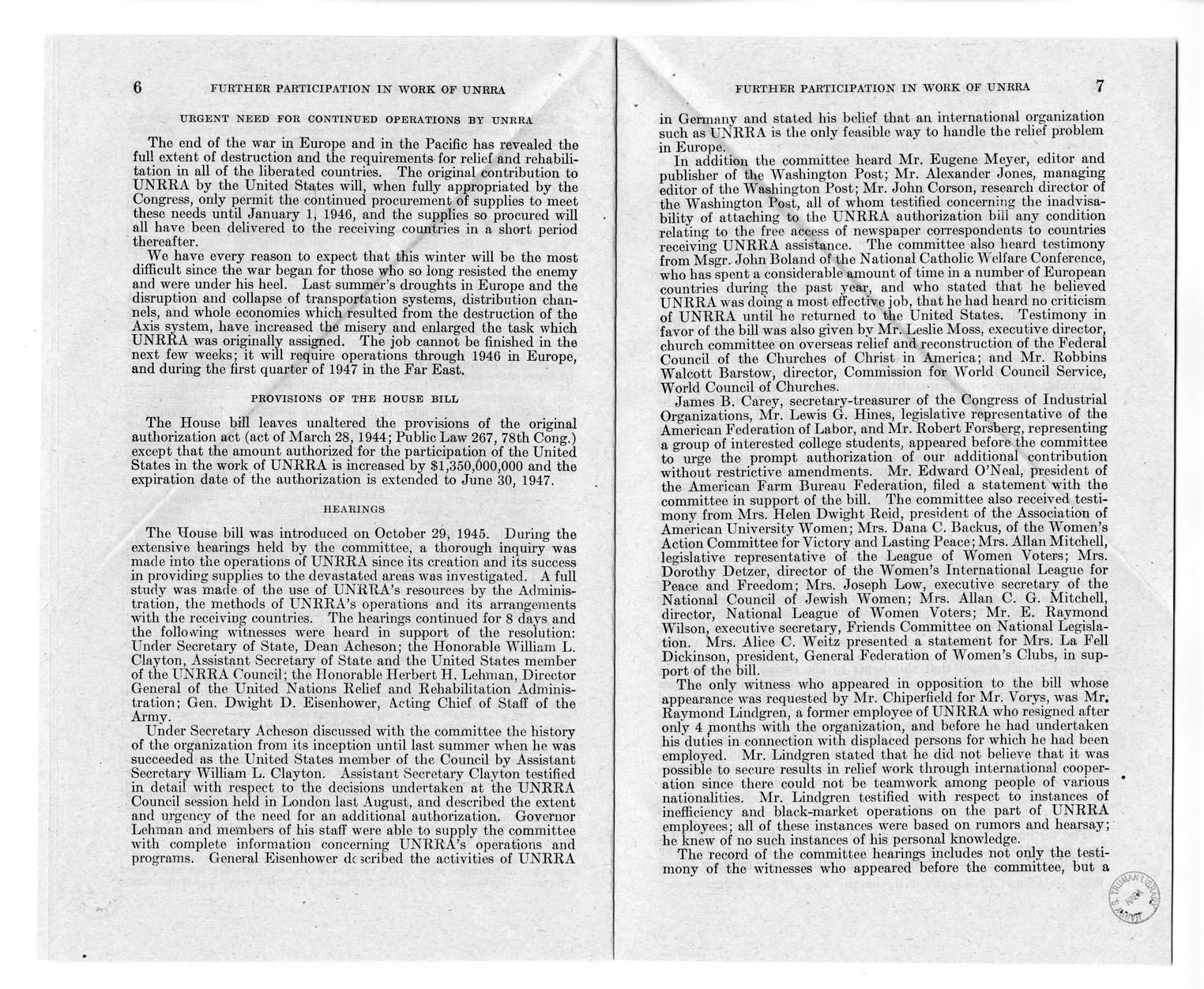Memorandum from Harold D. Smith to M. C. Latta, H.R. 4649, To Enable the United States to Further Participate in the Work of the United Nations Relief and Rehabilitation Administration, with Attachments