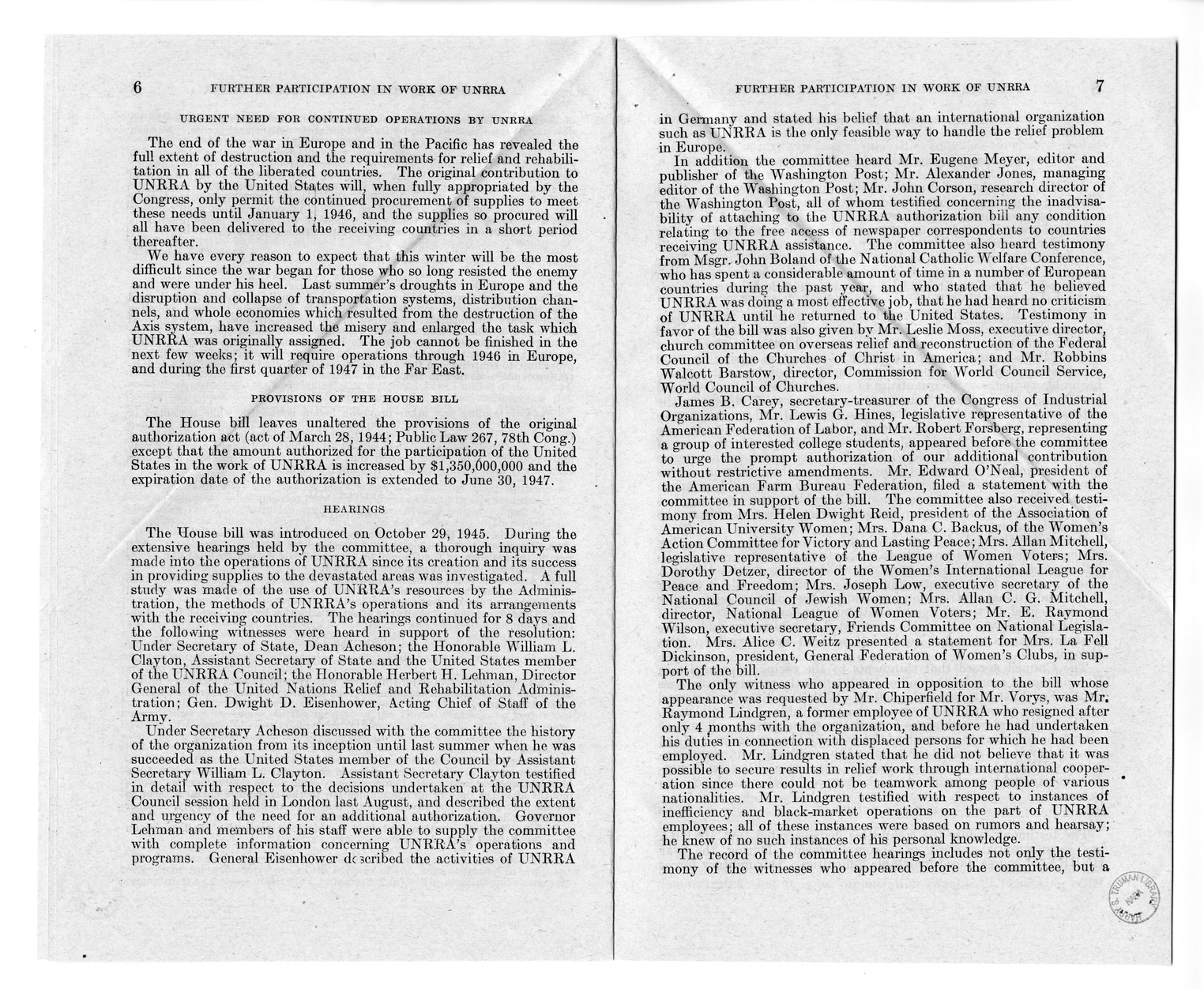 Memorandum from Harold D. Smith to M. C. Latta, H.R. 4649, To Enable the United States to Further Participate in the Work of the United Nations Relief and Rehabilitation Administration, with Attachments