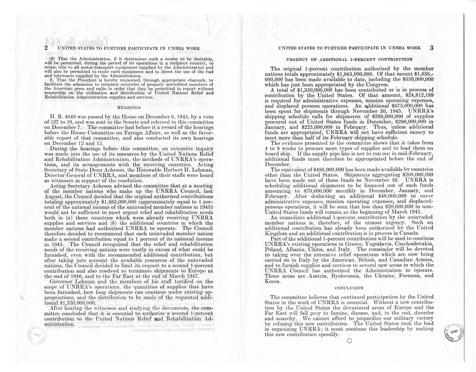 Memorandum from Harold D. Smith to M. C. Latta, H.R. 4649, To Enable the United States to Further Participate in the Work of the United Nations Relief and Rehabilitation Administration, with Attachments