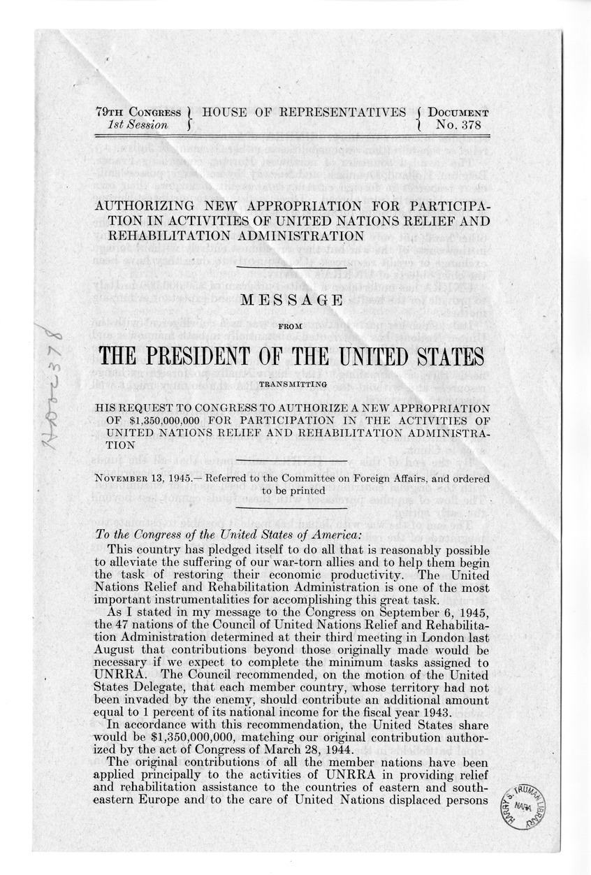 Memorandum from Harold D. Smith to M. C. Latta, H.R. 4649, To Enable the United States to Further Participate in the Work of the United Nations Relief and Rehabilitation Administration, with Attachments