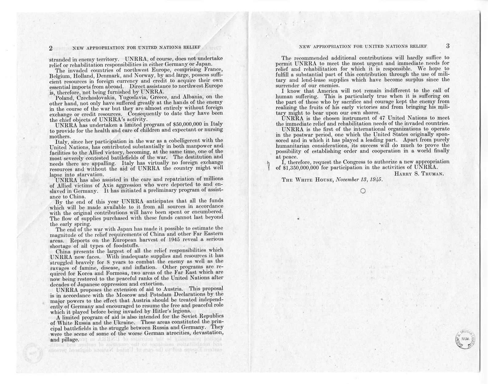 Memorandum from Harold D. Smith to M. C. Latta, H.R. 4649, To Enable the United States to Further Participate in the Work of the United Nations Relief and Rehabilitation Administration, with Attachments