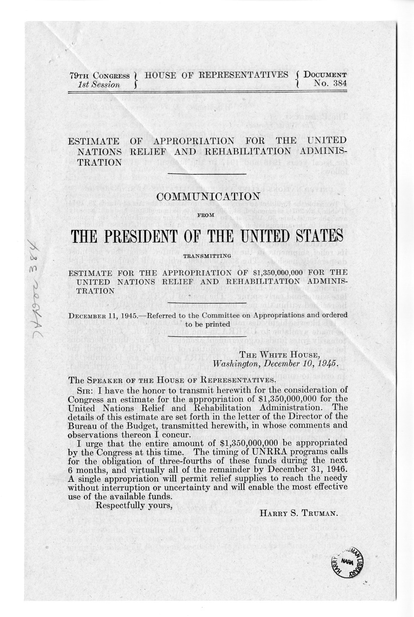 Memorandum from Harold D. Smith to M. C. Latta, H.R. 4649, To Enable the United States to Further Participate in the Work of the United Nations Relief and Rehabilitation Administration, with Attachments