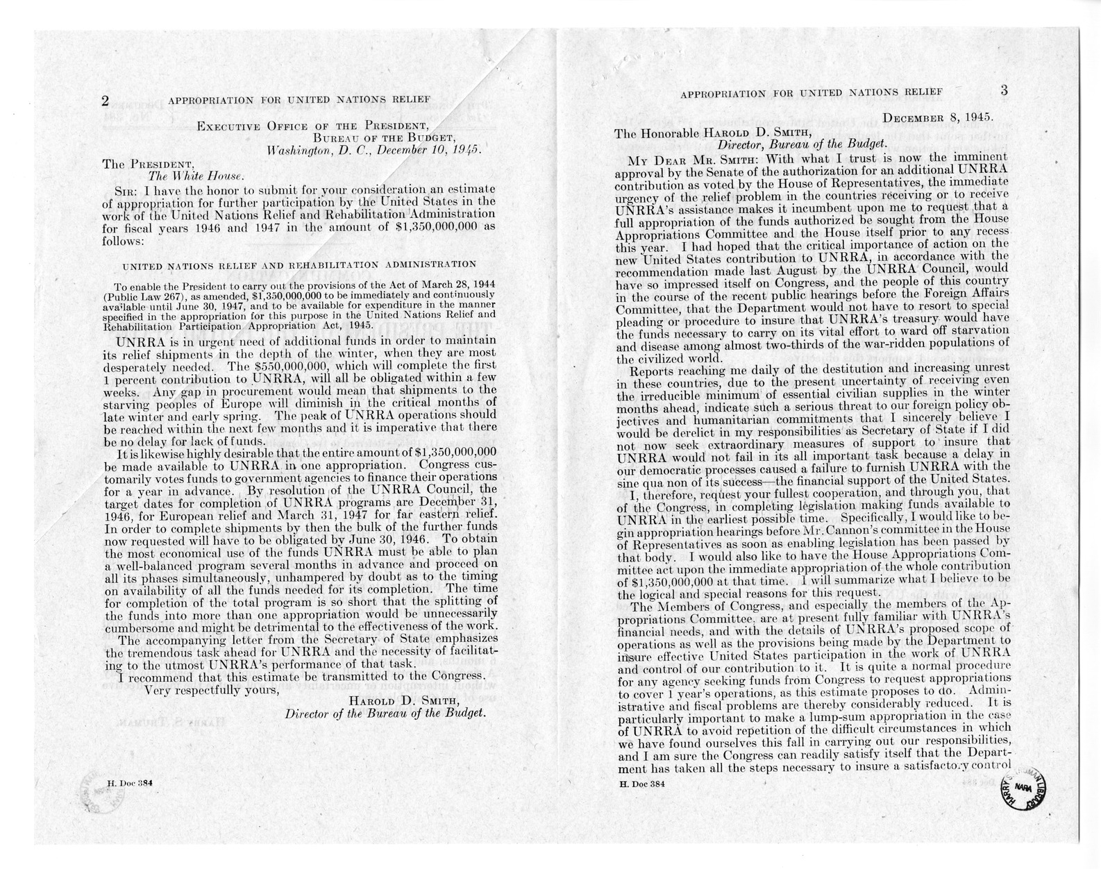 Memorandum from Harold D. Smith to M. C. Latta, H.R. 4649, To Enable the United States to Further Participate in the Work of the United Nations Relief and Rehabilitation Administration, with Attachments