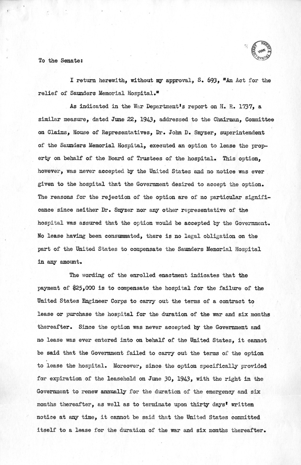 Memorandum from Harold D. Smith to M. C. Latta, S. 693, For the Relief of the Saunders Memorial Hospital, with Attachments