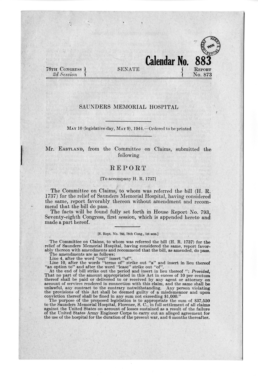 Memorandum from Harold D. Smith to M. C. Latta, S. 693, For the Relief of the Saunders Memorial Hospital, with Attachments