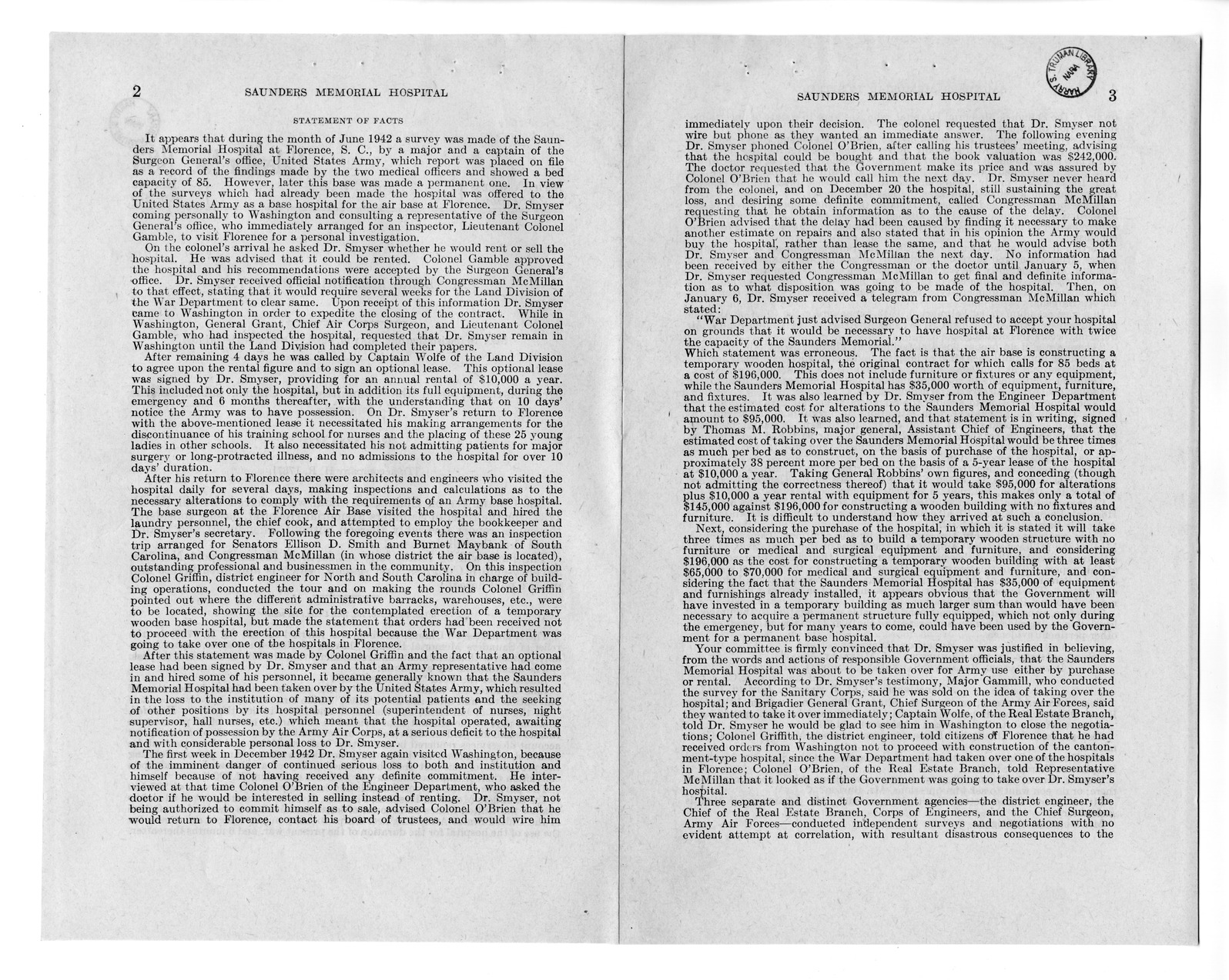 Memorandum from Harold D. Smith to M. C. Latta, S. 693, For the Relief of the Saunders Memorial Hospital, with Attachments