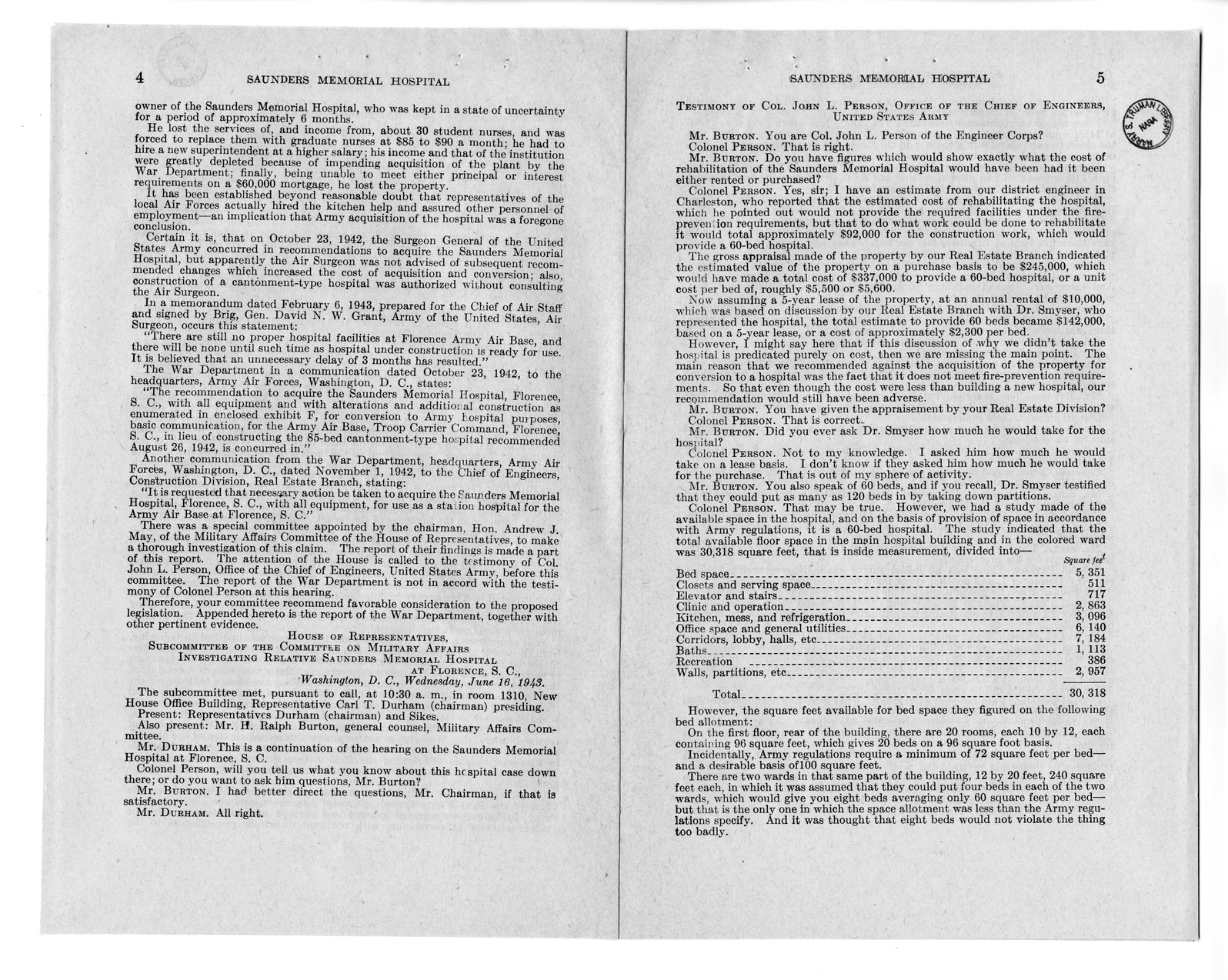 Memorandum from Harold D. Smith to M. C. Latta, S. 693, For the Relief of the Saunders Memorial Hospital, with Attachments