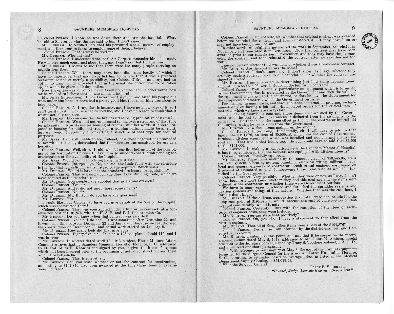 Memorandum from Harold D. Smith to M. C. Latta, S. 693, For the Relief of the Saunders Memorial Hospital, with Attachments
