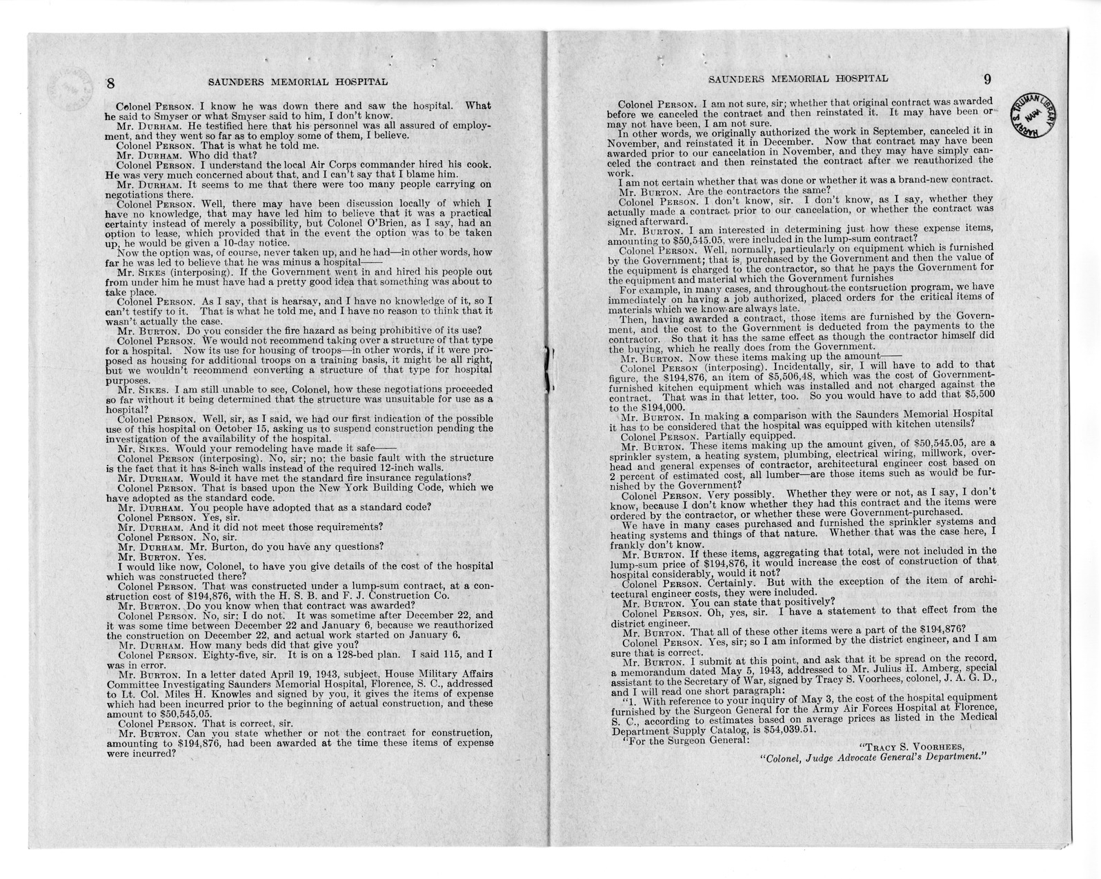 Memorandum from Harold D. Smith to M. C. Latta, S. 693, For the Relief of the Saunders Memorial Hospital, with Attachments