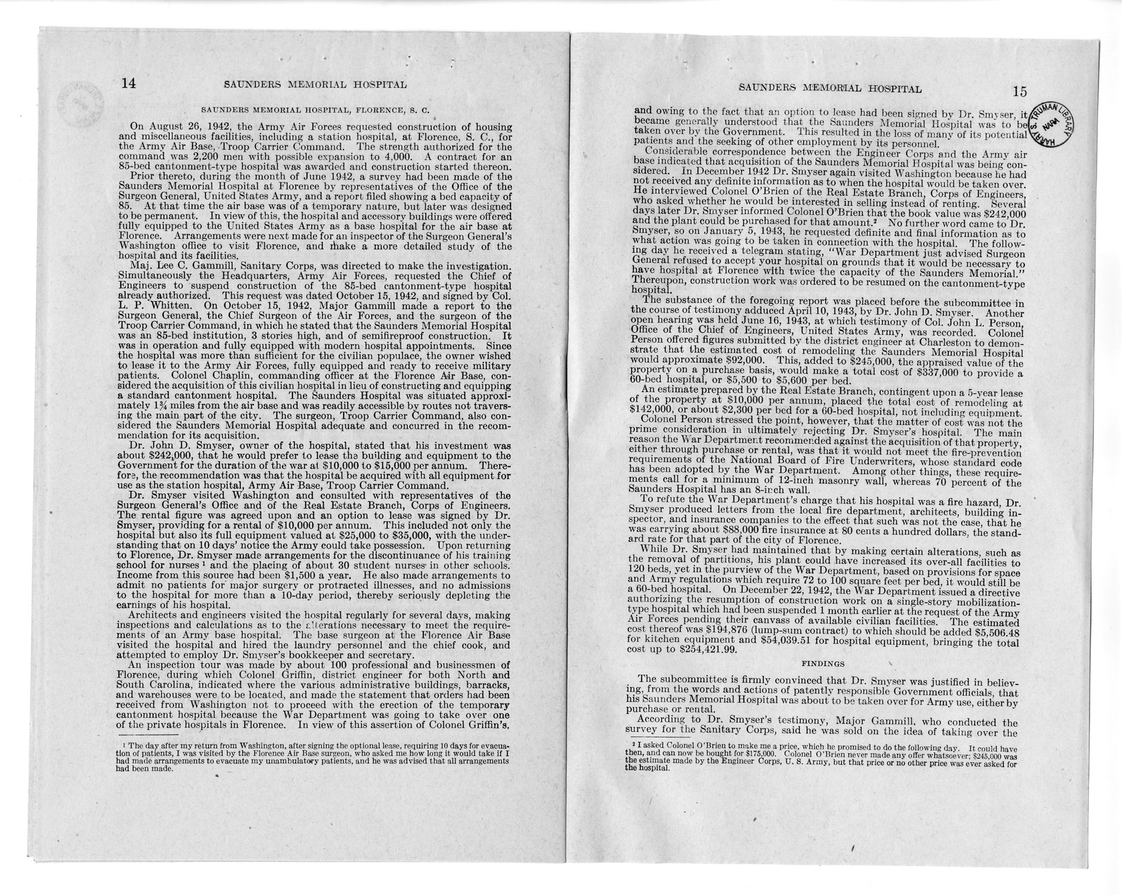 Memorandum from Harold D. Smith to M. C. Latta, S. 693, For the Relief of the Saunders Memorial Hospital, with Attachments