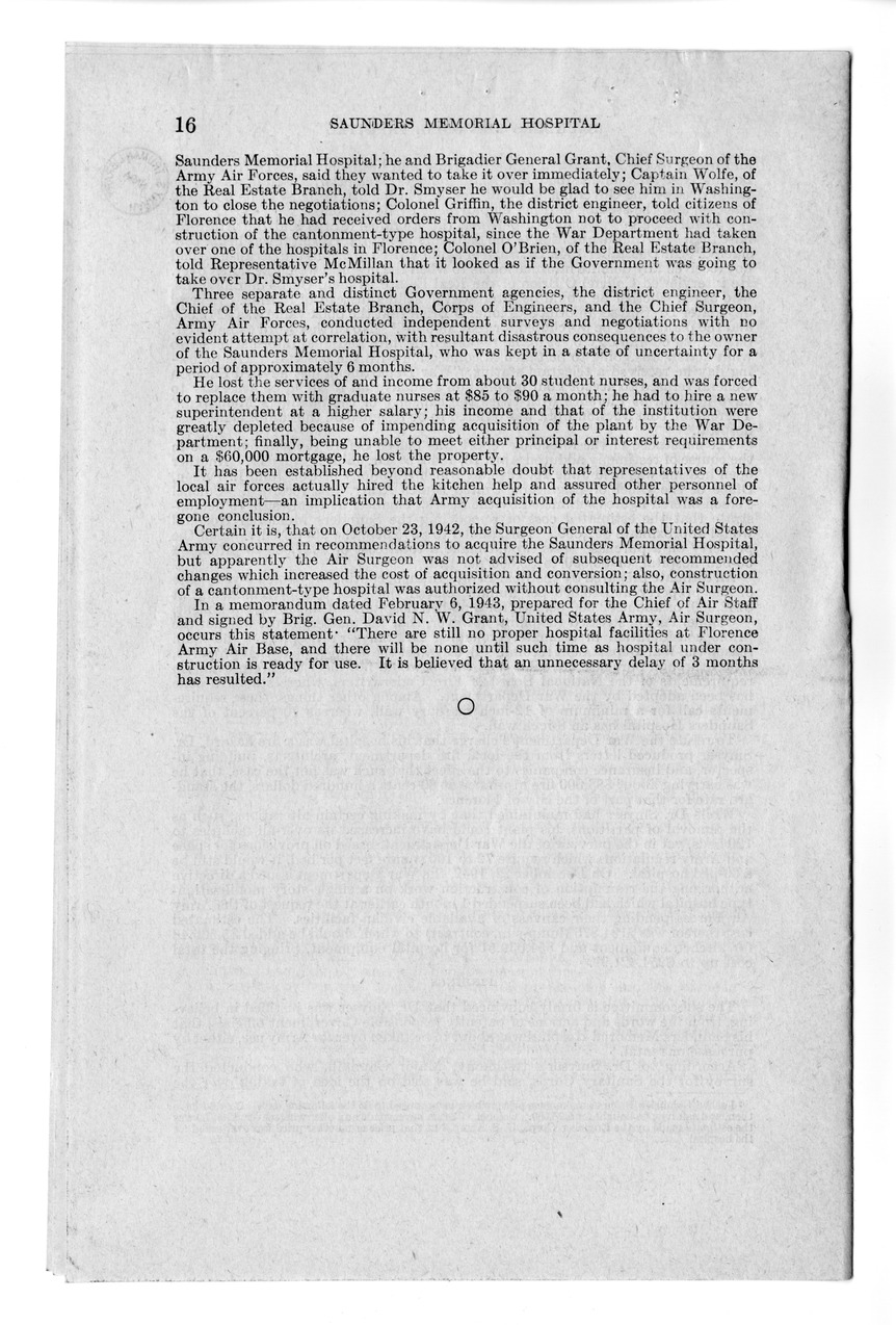 Memorandum from Harold D. Smith to M. C. Latta, S. 693, For the Relief of the Saunders Memorial Hospital, with Attachments