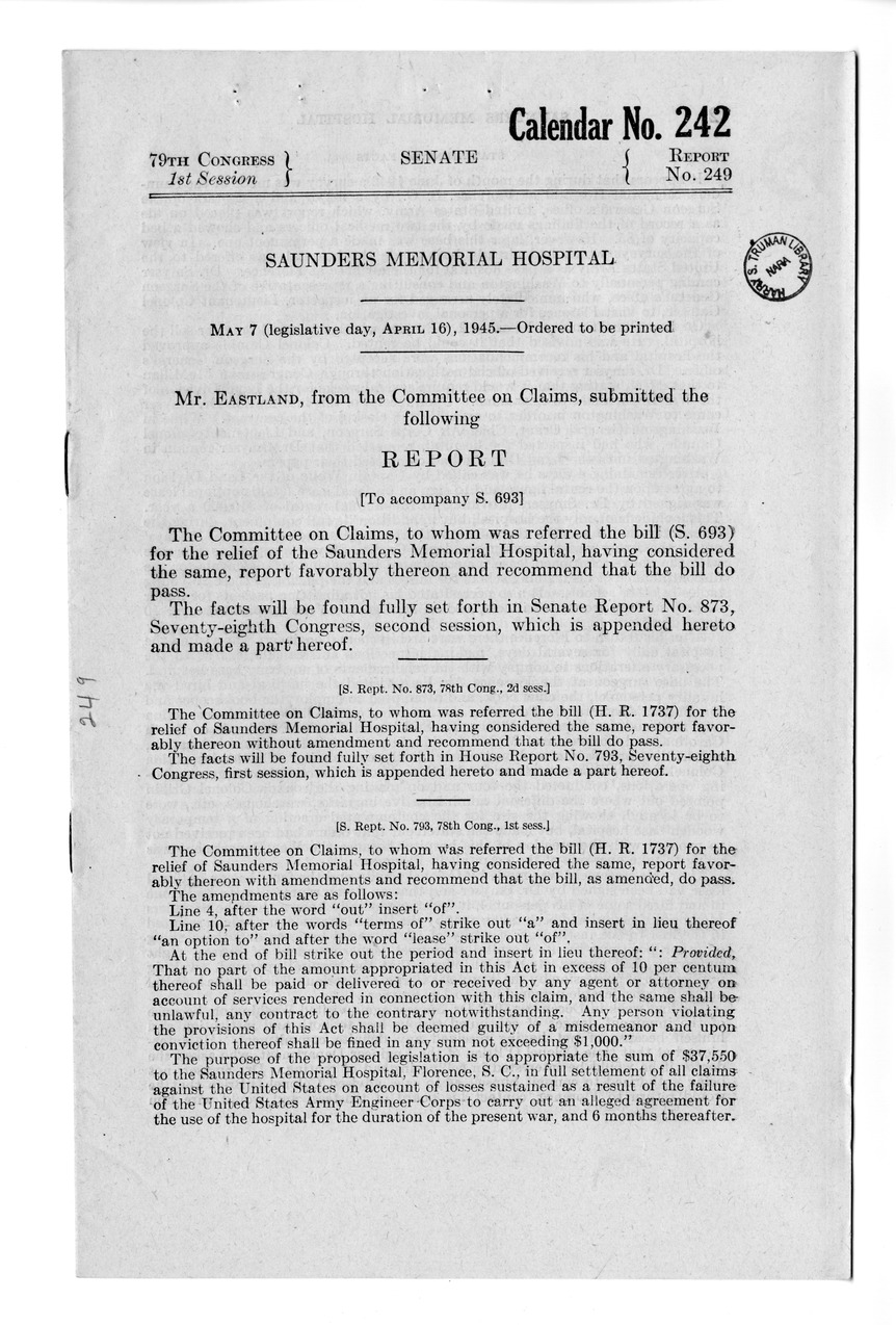 Memorandum from Harold D. Smith to M. C. Latta, S. 693, For the Relief of the Saunders Memorial Hospital, with Attachments