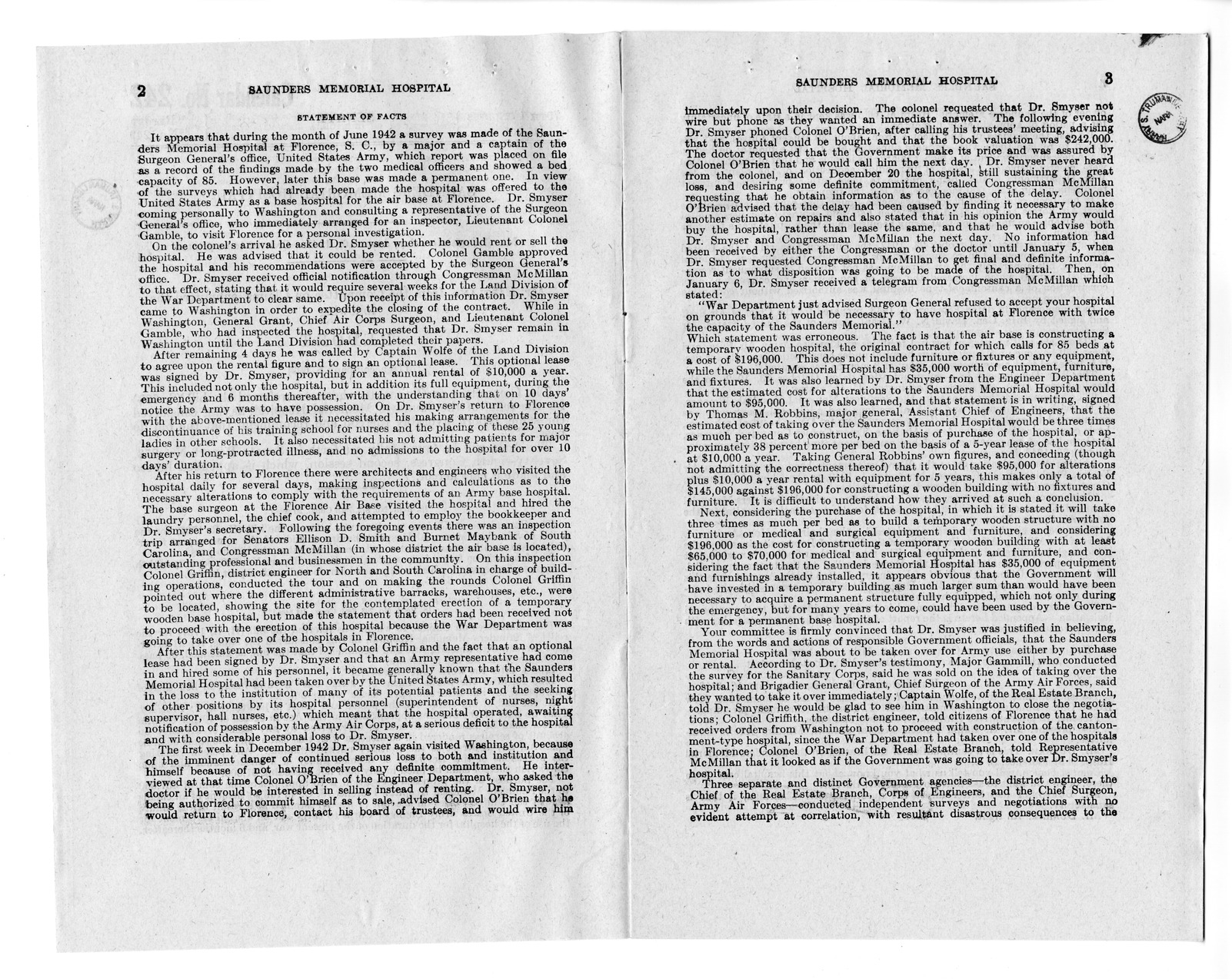 Memorandum from Harold D. Smith to M. C. Latta, S. 693, For the Relief of the Saunders Memorial Hospital, with Attachments