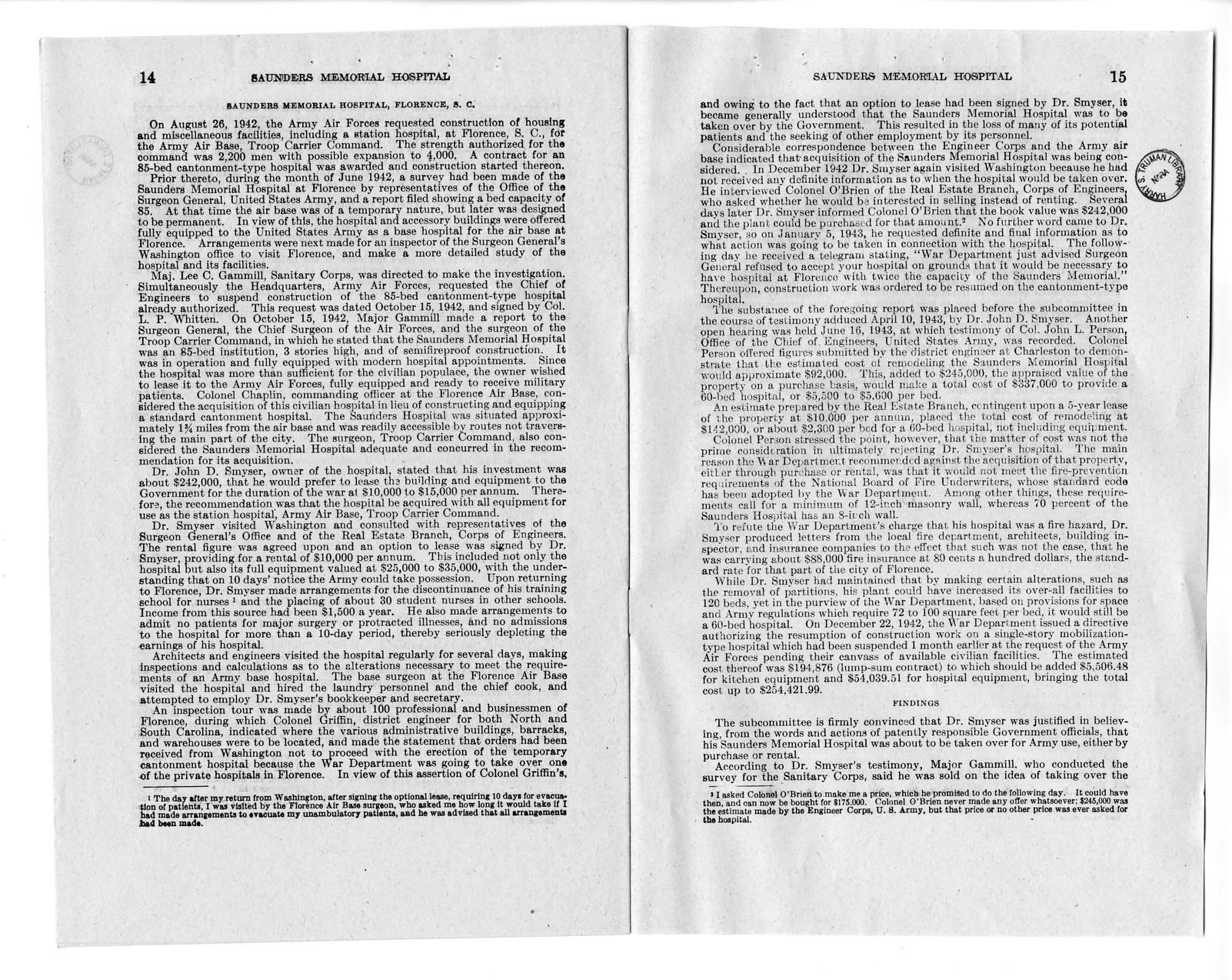 Memorandum from Harold D. Smith to M. C. Latta, S. 693, For the Relief of the Saunders Memorial Hospital, with Attachments