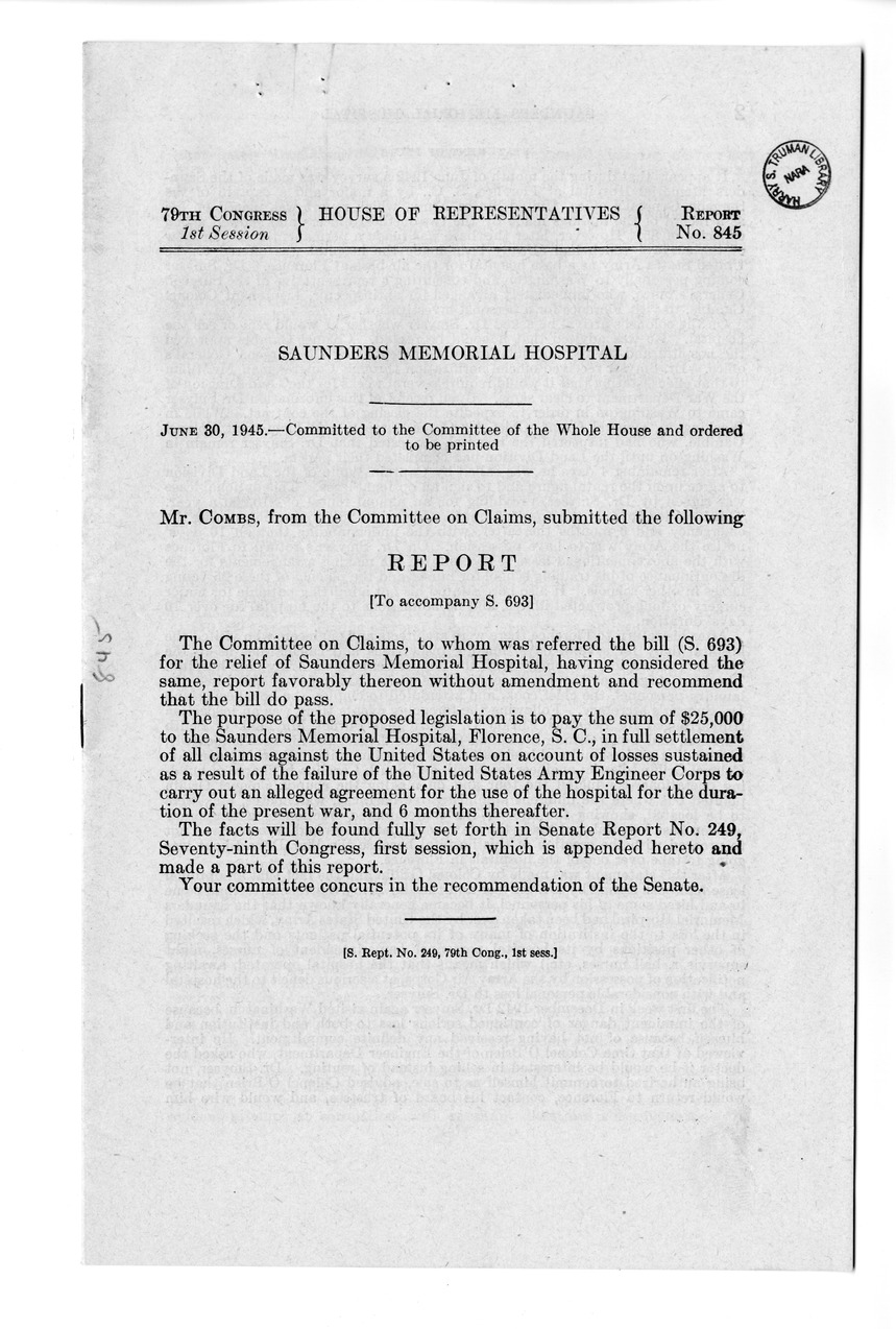 Memorandum from Harold D. Smith to M. C. Latta, S. 693, For the Relief of the Saunders Memorial Hospital, with Attachments