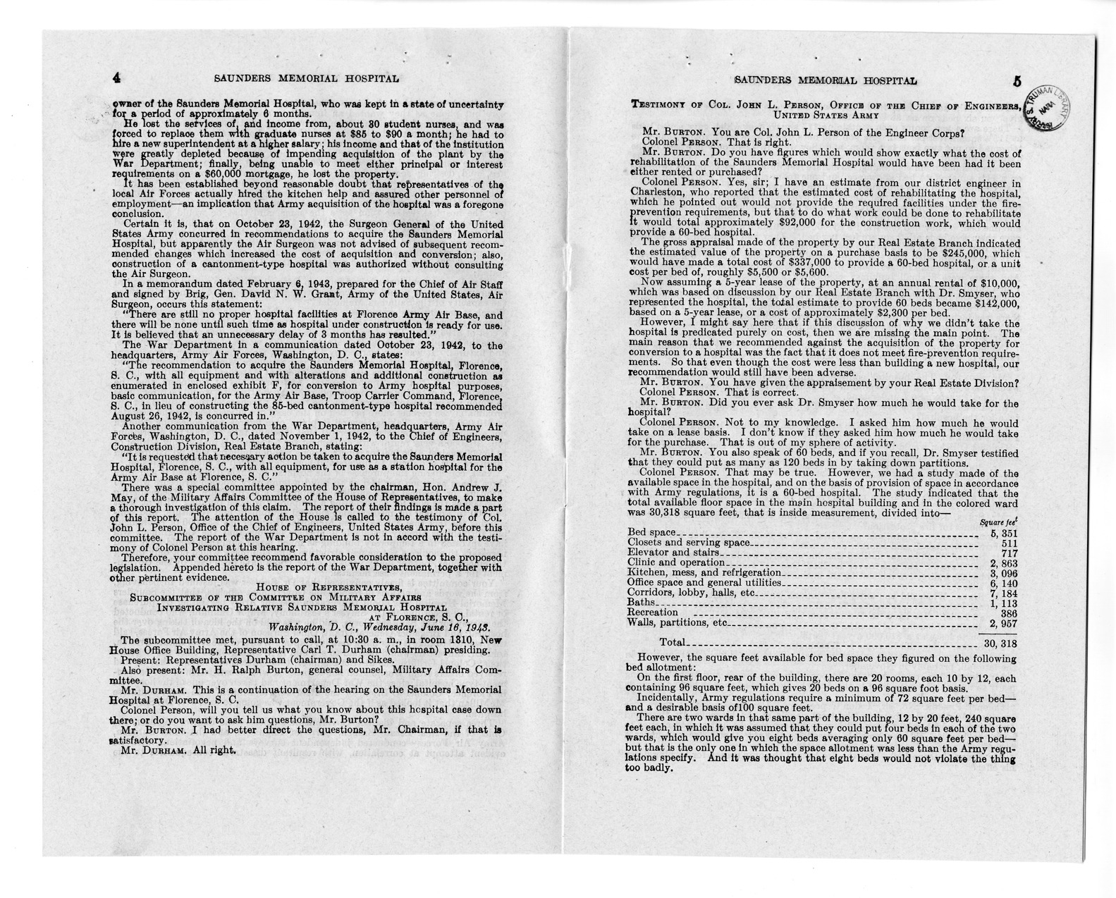 Memorandum from Harold D. Smith to M. C. Latta, S. 693, For the Relief of the Saunders Memorial Hospital, with Attachments