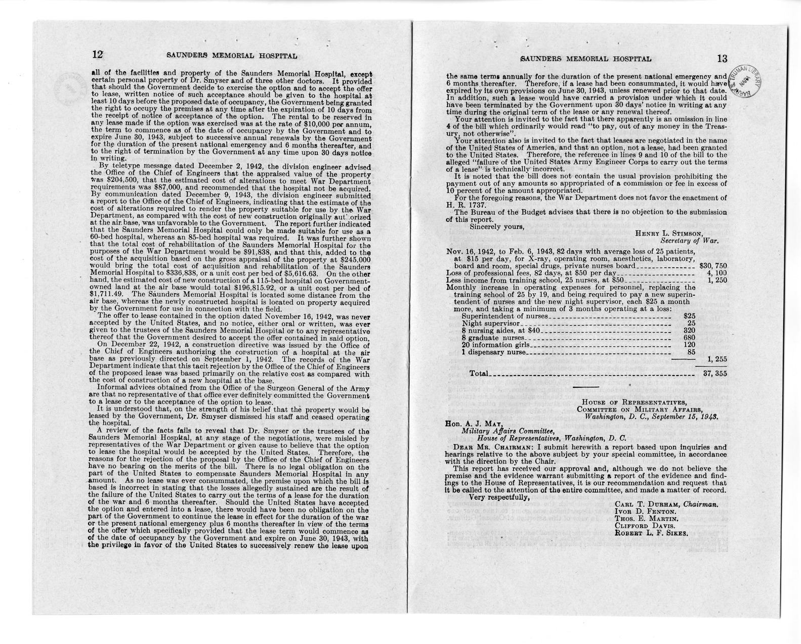 Memorandum from Harold D. Smith to M. C. Latta, S. 693, For the Relief of the Saunders Memorial Hospital, with Attachments