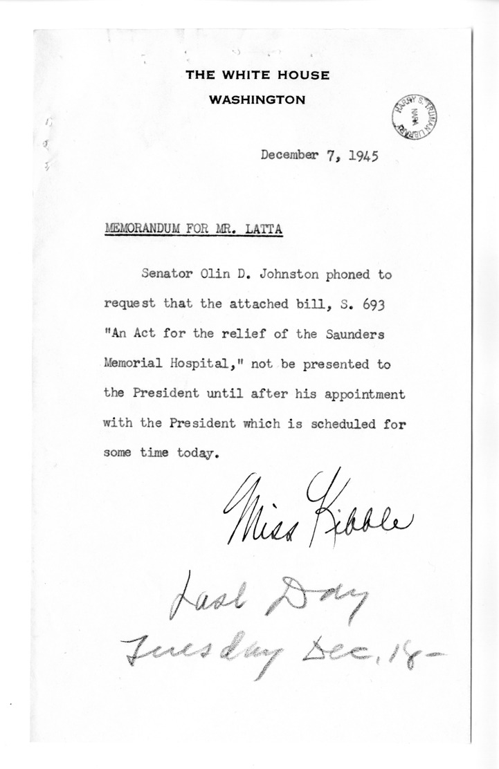 Memorandum from Harold D. Smith to M. C. Latta, S. 693, For the Relief of the Saunders Memorial Hospital, with Attachments