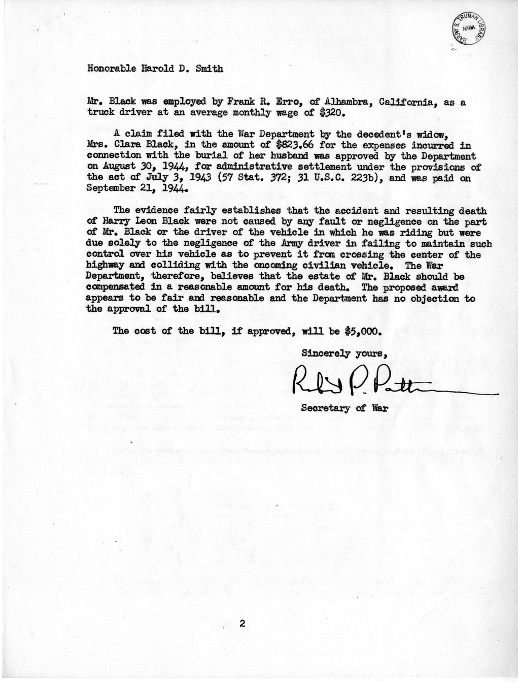 Memorandum from Frederick J. Bailey to M. C. Latta, H.R. 2737, For the Relief of the Estate of Harry Leon Black, with Attachments