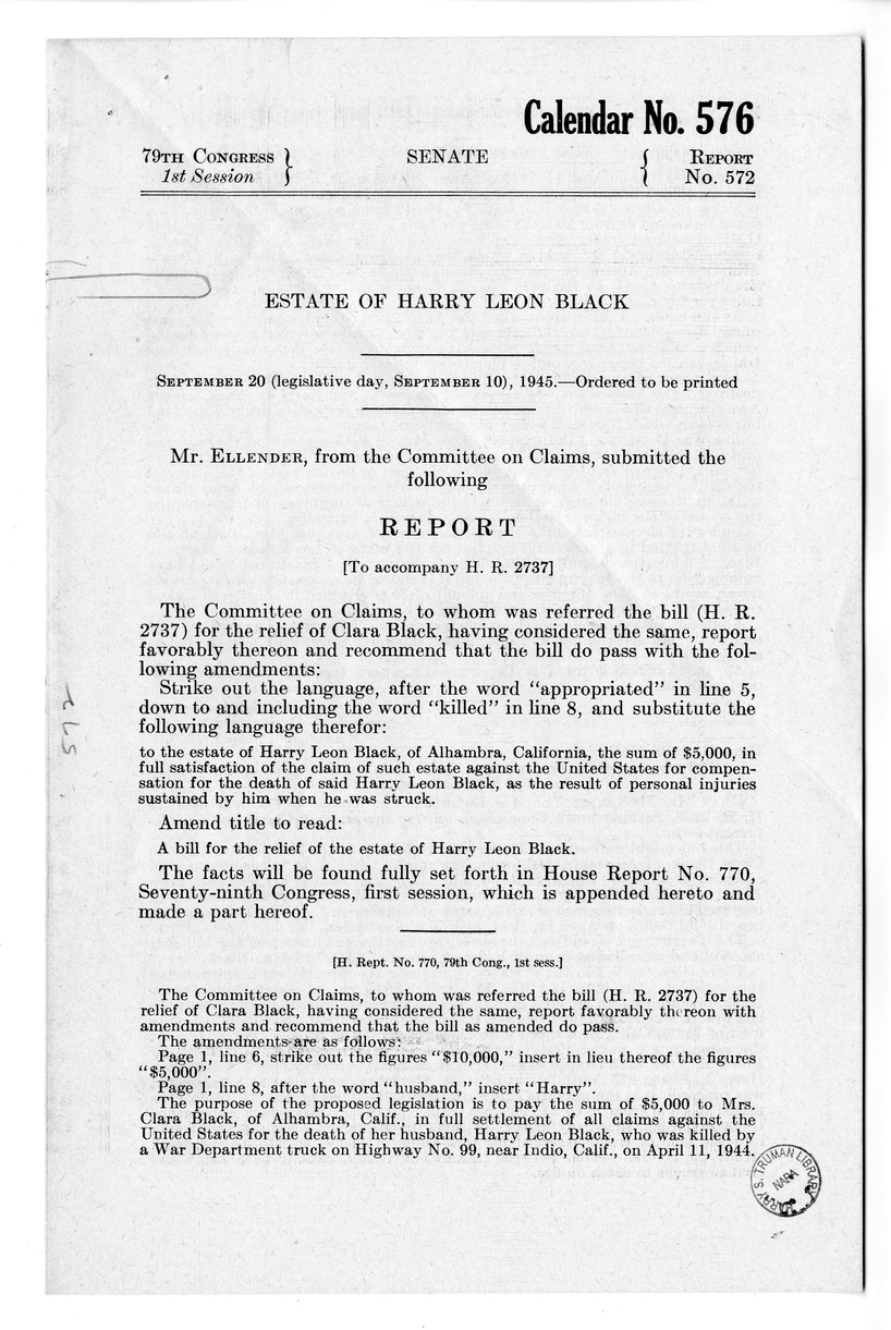 Memorandum from Frederick J. Bailey to M. C. Latta, H.R. 2737, For the Relief of the Estate of Harry Leon Black, with Attachments