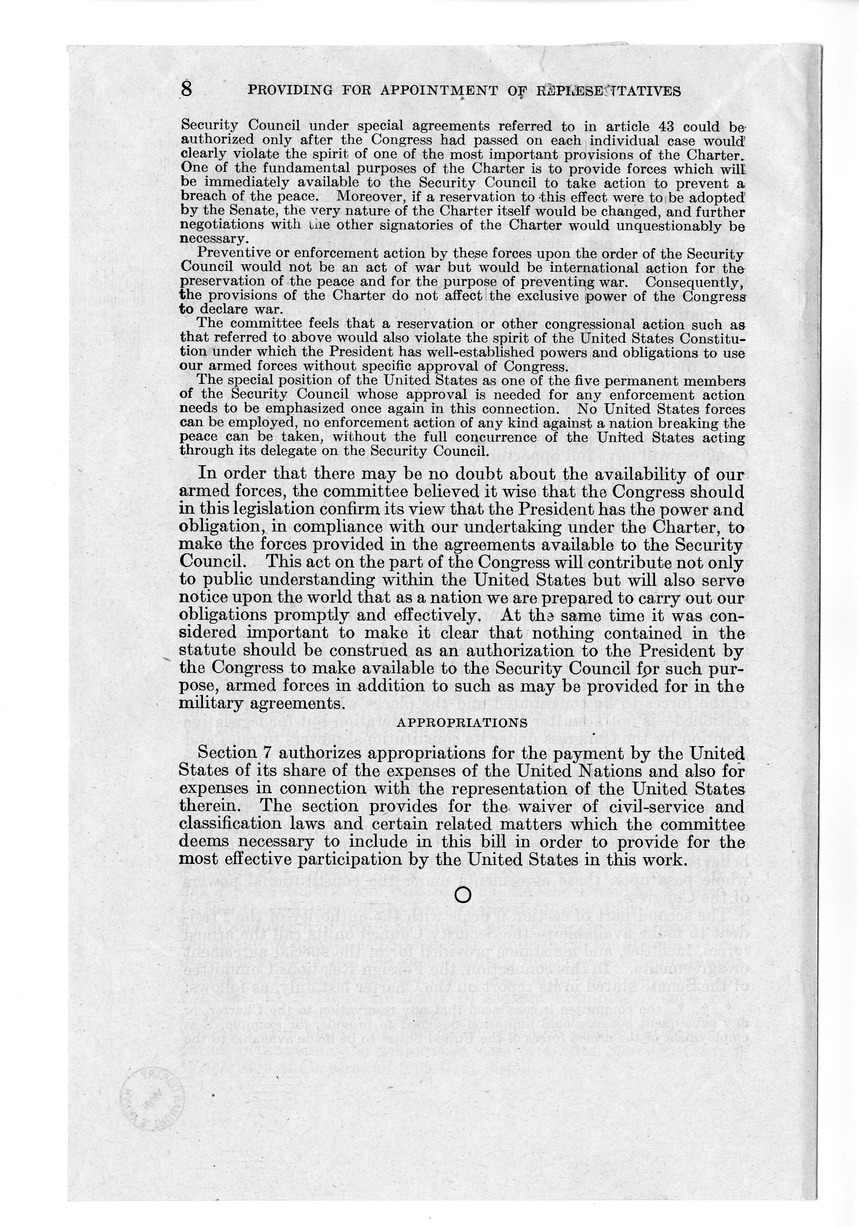 Memorandum from Harold D. Smith to M. C. Latta, S. 1580, To Provide for the Appointment of Representatives of the United States in the Organs and Agencies of the United Nations, and to Make Other Provision With Respect to the Participation of the United States in Such Organization, with Attachments