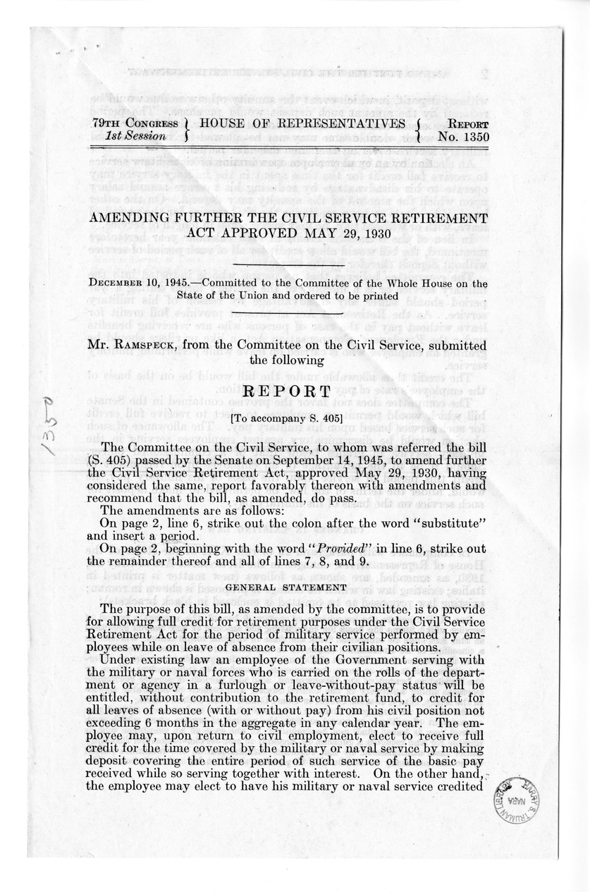 Memorandum from Harold D. Smith to M. C. Latta, S. 405, To Amend Further the Civil Service Retirement Act Approved May 29, 1930, as Amended, with Attachments