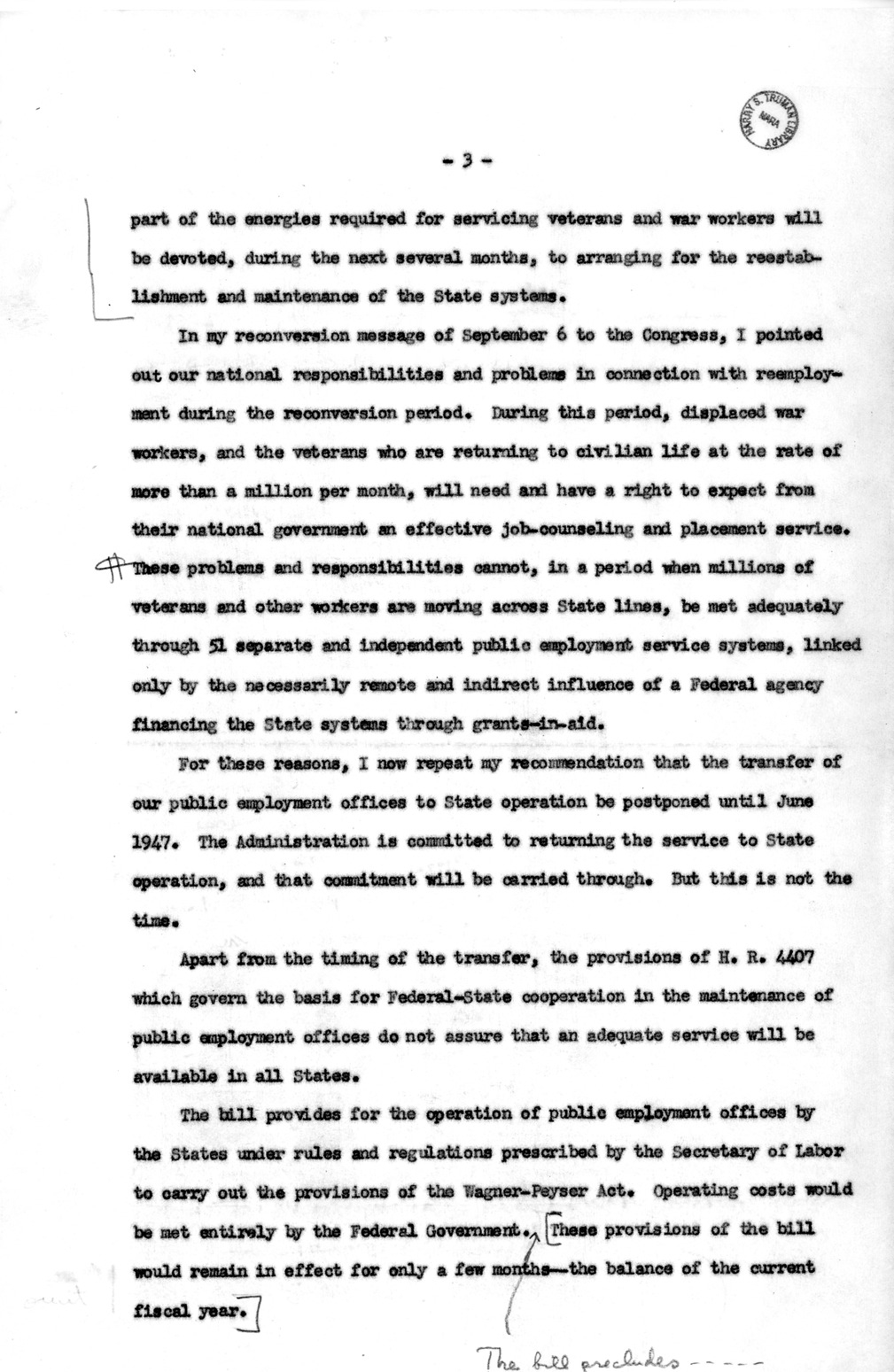 Memorandum from Harold D. Smith to M. C. Latta, H.R. 4407, Reducing Certain Appropriations and Contract Authorizations Available for the Fiscal Year 1946, with Attachments