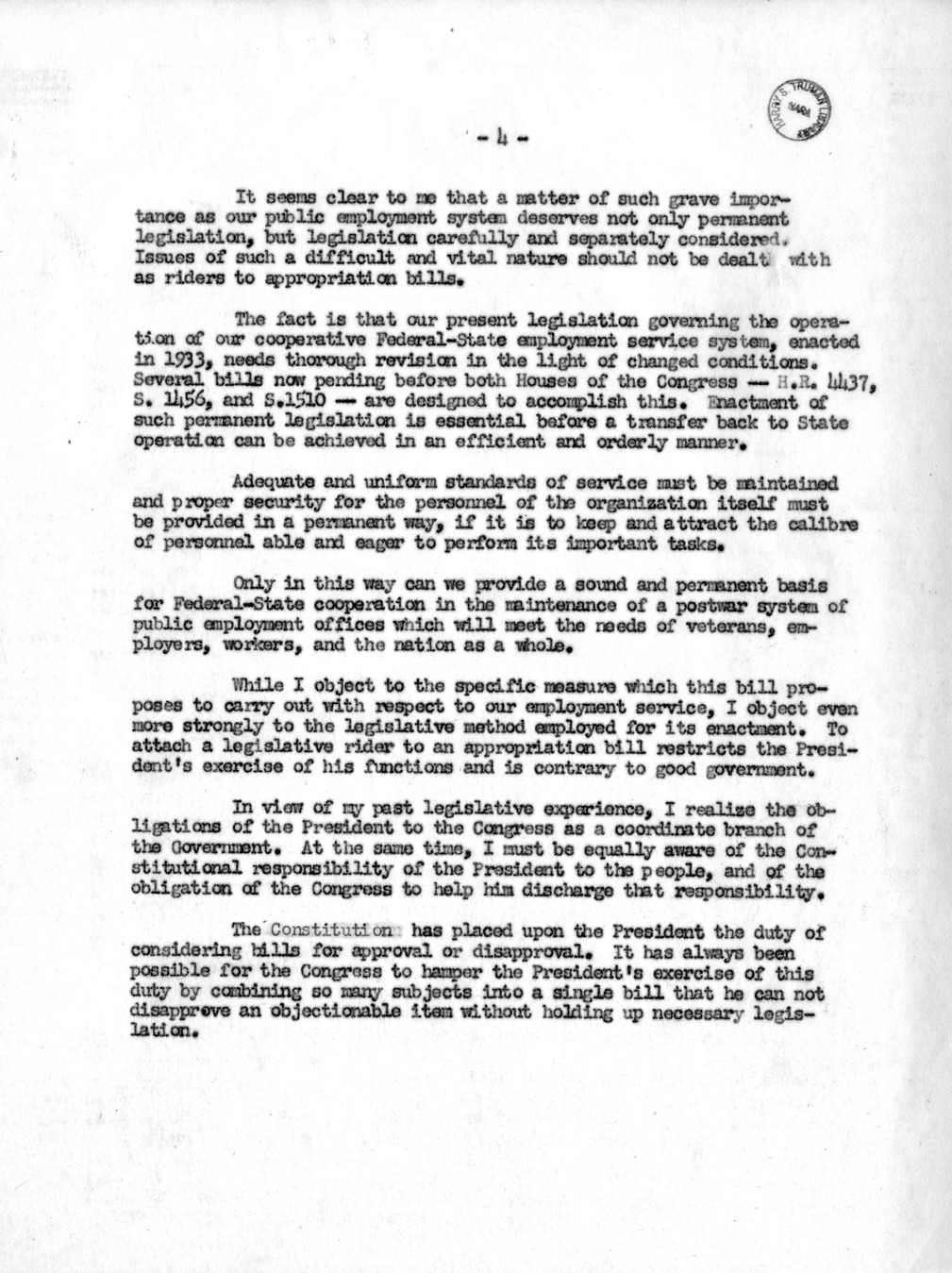 Memorandum from Harold D. Smith to M. C. Latta, H.R. 4407, Reducing Certain Appropriations and Contract Authorizations Available for the Fiscal Year 1946, with Attachments