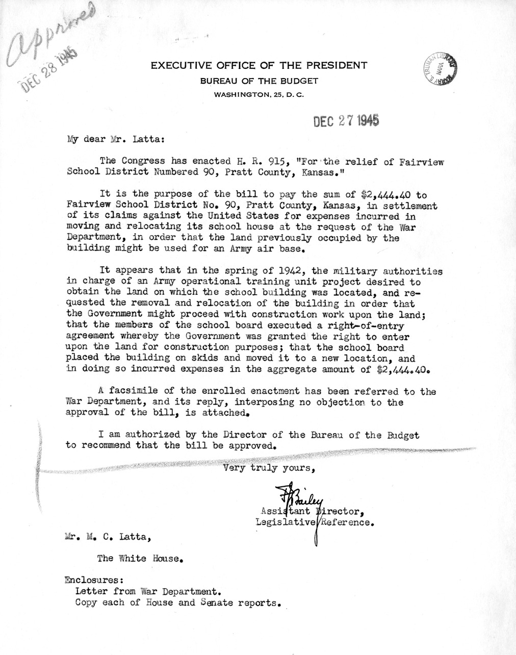 Memorandum from Frederick J. Bailey to M. C. Latta, H.R. 915, For the Relief of Fairview School District Numbered 90, Pratt County, Kansas, with Attachments
