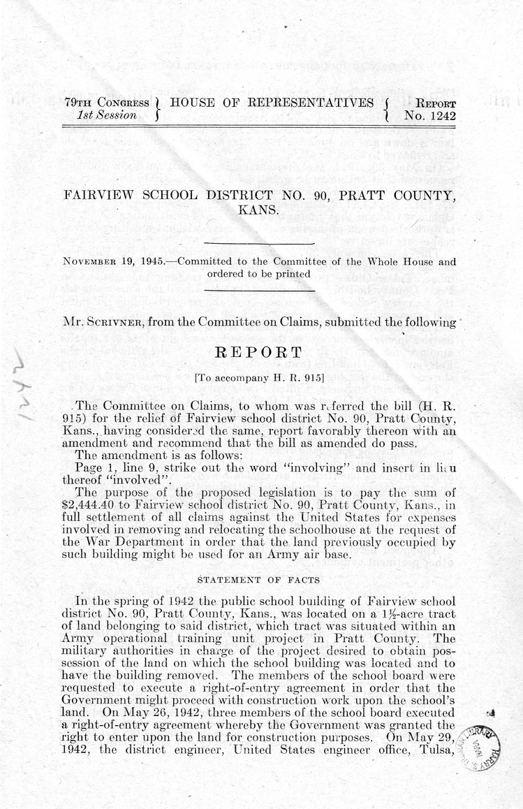 Memorandum from Frederick J. Bailey to M. C. Latta, H.R. 915, For the Relief of Fairview School District Numbered 90, Pratt County, Kansas, with Attachments