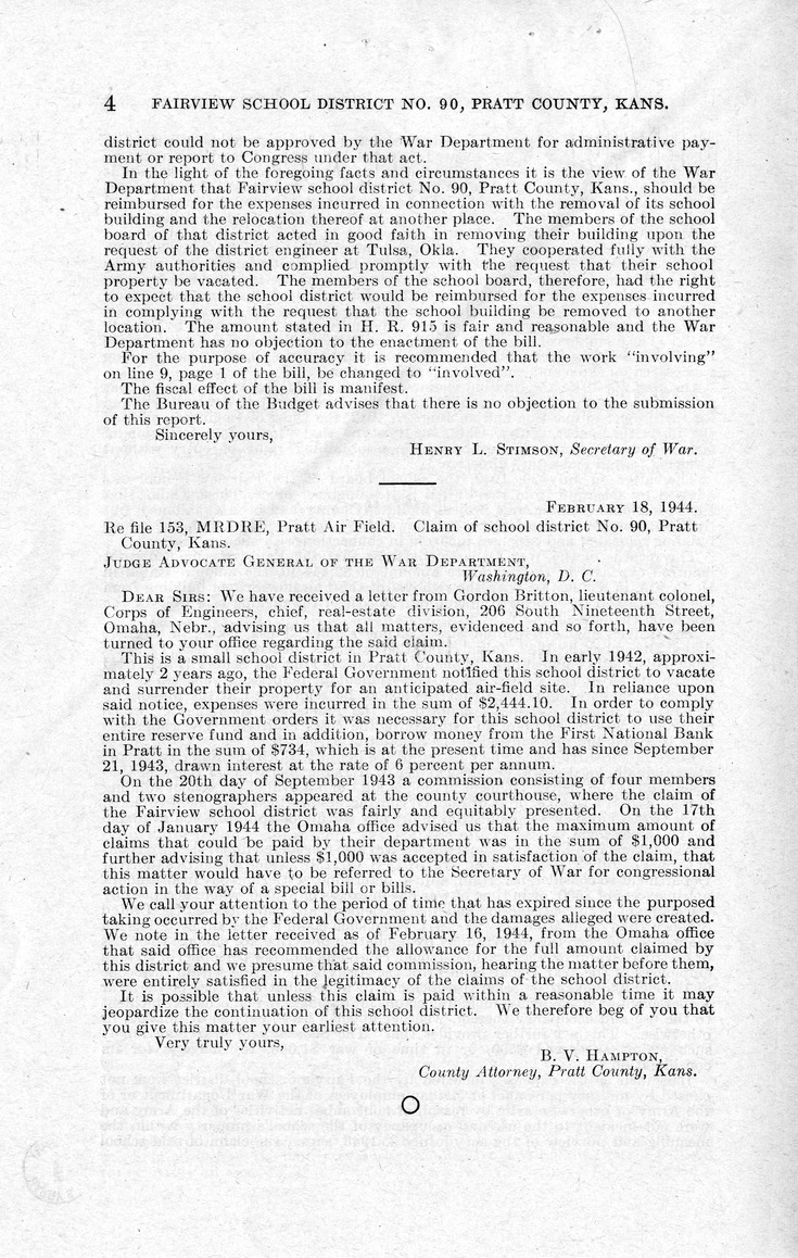 Memorandum from Frederick J. Bailey to M. C. Latta, H.R. 915, For the Relief of Fairview School District Numbered 90, Pratt County, Kansas, with Attachments